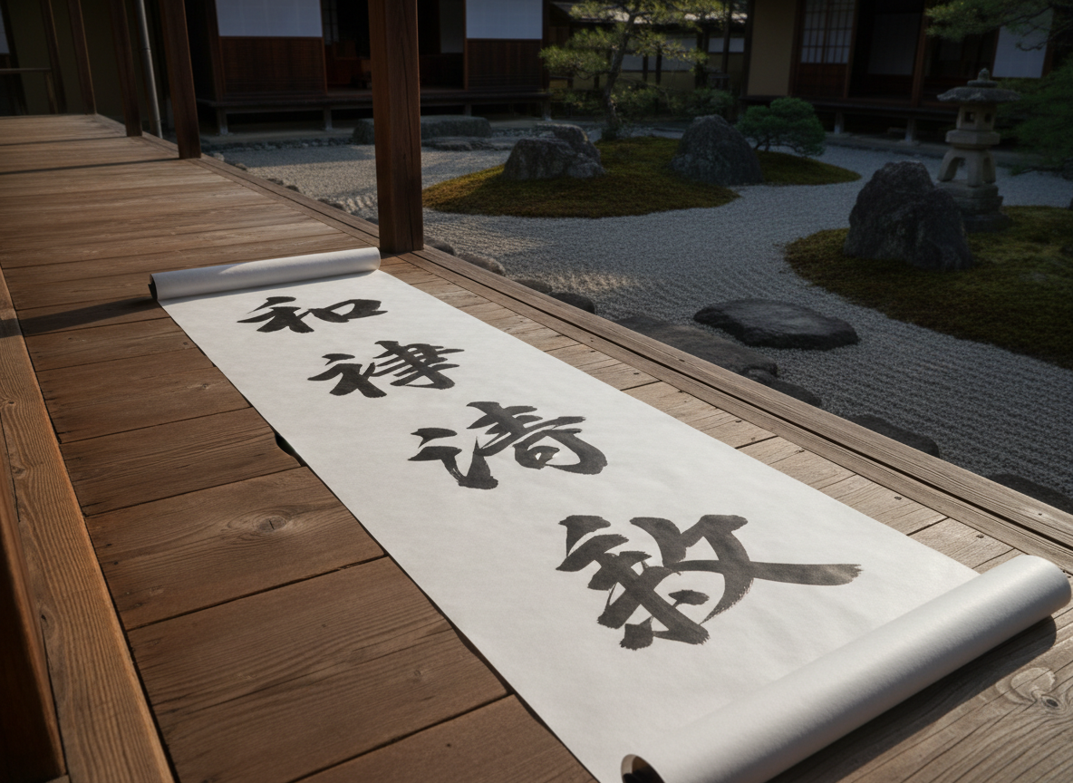 图中展示了一个宁静的日式枯山水庭院场景。画面前景是一条深棕色的木质走廊，阳光斜射在木板上，纹理清晰可见。走廊上铺展着一幅白色的长条书法卷轴，上面写有四个黑色的毛笔大字。背景是典型的日式园林，地面铺满了细密的灰色碎石，并耙出整齐的波纹，其间点缀着几块错落有致的大石头、绿色的苔藓和修剪整齐的小树，远处隐约可见木质结构的传统建筑和石灯笼。

画面中存在明显的 AI 生成缺陷：卷轴上的书法字体虽然具有水墨质感，但并非真实的汉字，笔画结构混乱，无法辨认具体含义，属于典型的 AI 模拟文字错误。此外，卷轴左侧边缘与木地板交界处存在透视异常，纸张似乎部分“嵌入”了木板缝隙中。背景中的石灯笼结构略显模糊，与周围环境的衔接不够自然。整体色调偏向沉稳的木质棕色与灰白色，营造出一种禅意氛围。