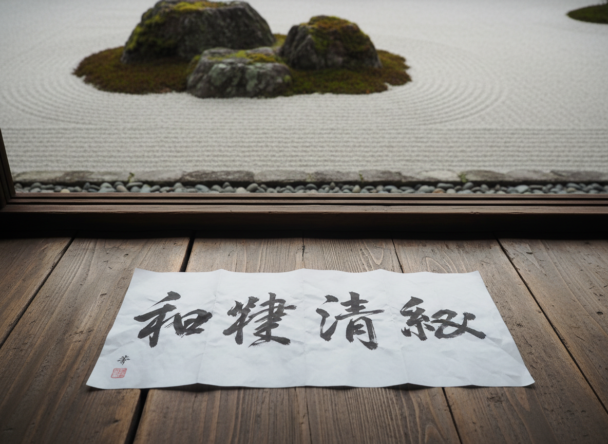 图中展现了一个宁静的日式枯山水庭院场景。画面前景是一段深褐色的木质走廊地板，地板上平铺着一张带有折痕的白色宣纸，纸上写有四个黑色的书法大字，左下角盖有一枚红色印章。画面中景是木走廊的边缘和一排整齐的灰色鹅卵石。背景则是铺满细密白色砂石的庭院，砂石被耙制成环绕着石块的波纹状。庭院中心有几块长有绿色苔藓的深色岩石，整体色调以木原色、白色和灰色为主，营造出一种禅意氛围。

在 AI 生成的细节方面，画面存在明显的文字错误。纸上的书法字体虽然模仿了汉字结构，但并非真实的文字，而是由杂乱笔画组成的“伪汉字”，无法辨认具体含义。此外，宣纸的折痕分布略显生硬，与木地板的透视关系在边缘处衔接得不够自然。背景中砂石的纹理在远端逐渐模糊，缺乏真实摄影的景深层次感。