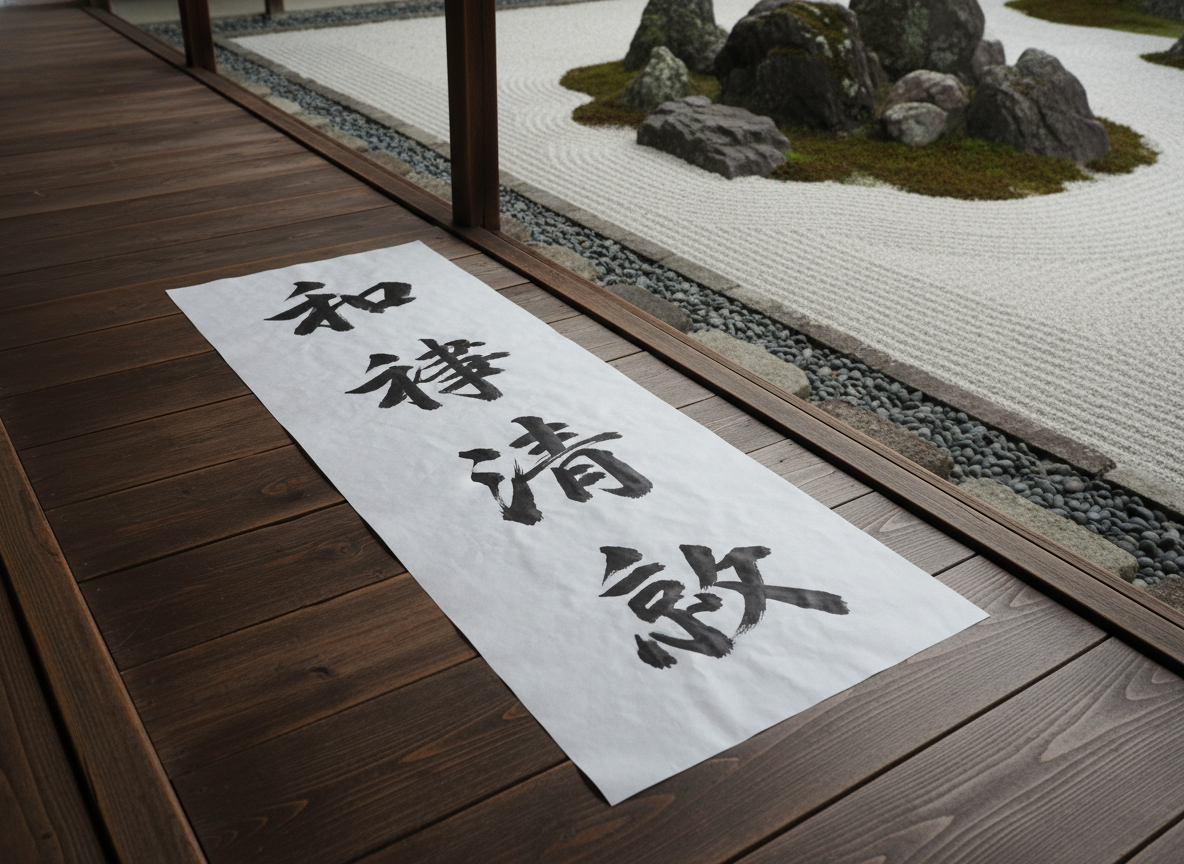 图中展示了一个宁静的日式枯山水庭院场景。画面左侧是深棕色的木质走廊，地板纹理清晰可见，其上平铺着一张长方形的白色宣纸，纸上用黑色毛笔书写着四个汉字。画面右侧是一片精心打理的枯山水景观，洁白的细砂被耙制成起伏的波浪纹路，中间点缀着几块带有青苔的深色山石。整体色调以木色、白色和灰色为主，营造出一种禅意深远的氛围。在 AI 生成的细节方面，存在明显的文字错误：纸上的四个汉字并非标准的书法字体，其中第二个字像是“禅”的变体，第三个字接近“清”，而第四个字结构混乱，无法辨认，属于典型的 AI 无法准确还原复杂汉字结构的缺陷。此外，宣纸在木地板上的透视关系略显生硬，缺乏自然的纸张厚度感。