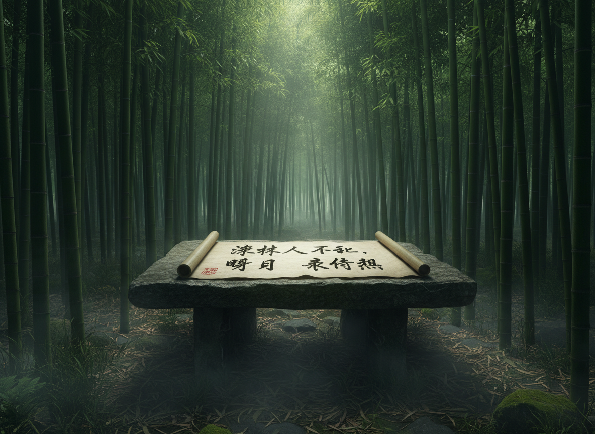 图中展现了一处幽静深邃的竹林景观。画面中心是一张粗糙的青灰色石台，石台上平铺着一幅展开的纸质卷轴，卷轴两端带有木质卷轴杆。背景是密集的翠绿竹林，光线从林间深处透出，营造出一种清冷、静谧的氛围。地面散落着枯黄的竹叶，并伴有淡淡的薄雾。卷轴上书写着黑色的书法字体，左下角盖有一枚红色印章。然而，画面存在明显的 AI 生成缺陷：卷轴上的文字并非真实的汉字，而是由扭曲、无意义的笔画组成的伪字符，无法辨认具体含义；石台的质感略显生硬，且卷轴与石台接触的边缘缺乏自然的阴影过渡，显得有些悬浮。整体构图对称，色彩以墨绿和灰调为主，传递出一种中式禅意。