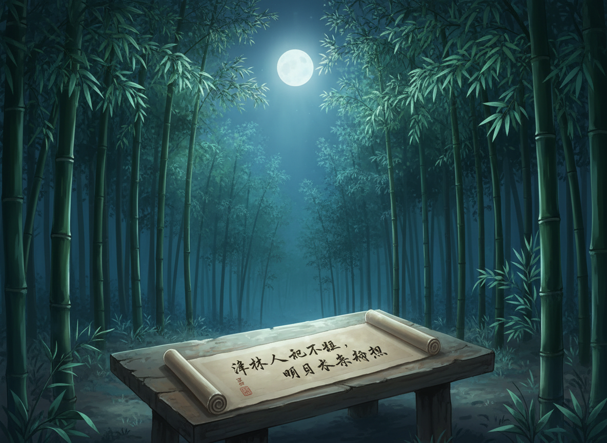 图中描绘了一个静谧的深夜竹林场景。画面中央上方挂着一轮圆润的明月，散发出清冷的白光，照亮了林间弥漫的薄雾。竹林呈现深绿色调，竹竿笔直挺拔，枝叶繁茂，构图具有纵深感。画面前景是一张粗糙的木质长桌，桌上平铺着一幅展开的纸质卷轴。卷轴上有黑色的书法字体和一枚红色的印章，月光正好洒在卷轴上，使其成为视觉焦点。

在 AI 生成的细节方面，存在明显的文字逻辑错误：卷轴上的书法字体虽然形似汉字，但大多是无法辨认的臆造字符，或是笔画扭曲的错别字，无法组成实际的诗句。此外，木桌左侧的边缘线条略显生硬，与环境的融合度稍欠自然。整体画风偏向写实插画，营造出一种幽静、古朴的意境。
