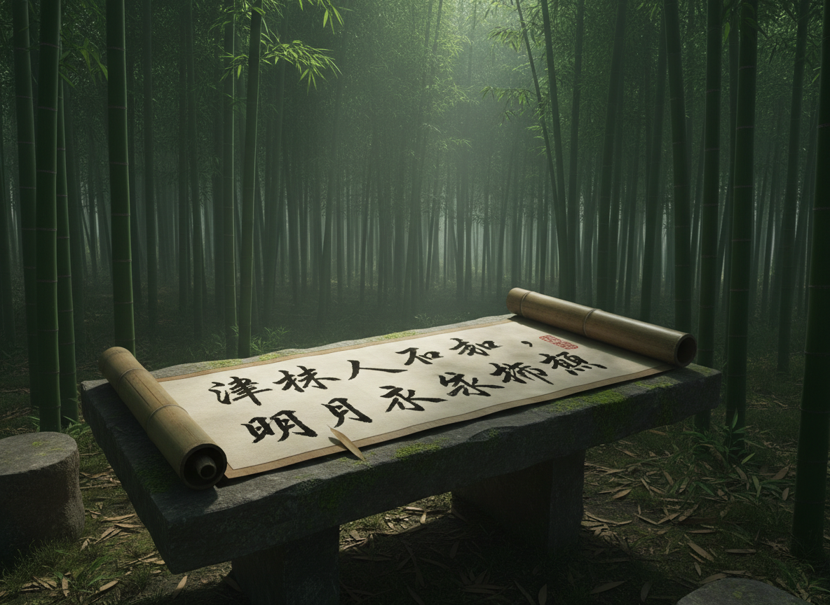 图中展现了一幅充满禅意的静谧竹林景观。画面中心是一张粗糙的青灰色石案，石案表面长有少许苔藓，其上横向铺展着一幅巨大的纸质卷轴。卷轴两端由竹筒状的轴头固定，纸面上书写着两行黑色的毛笔书法，右上角盖有一枚红色印章。背景是密集的翠绿竹林，光线从上方枝叶缝隙中洒下，形成朦胧的丁达尔效应，营造出清幽、深邃的氛围。地面散落着枯黄的竹叶，左侧隐约可见一个石凳。在 AI 生成的细节方面，存在明显的文字错误：卷轴上的书法字体虽然形似汉字，但大多为无法辨认的“伪汉字”或笔画扭曲的错字，缺乏实际含义。此外，卷轴左侧的轴头与纸张结合处透视略显生硬，石案左侧边缘的纹理在阴影中显得有些模糊。