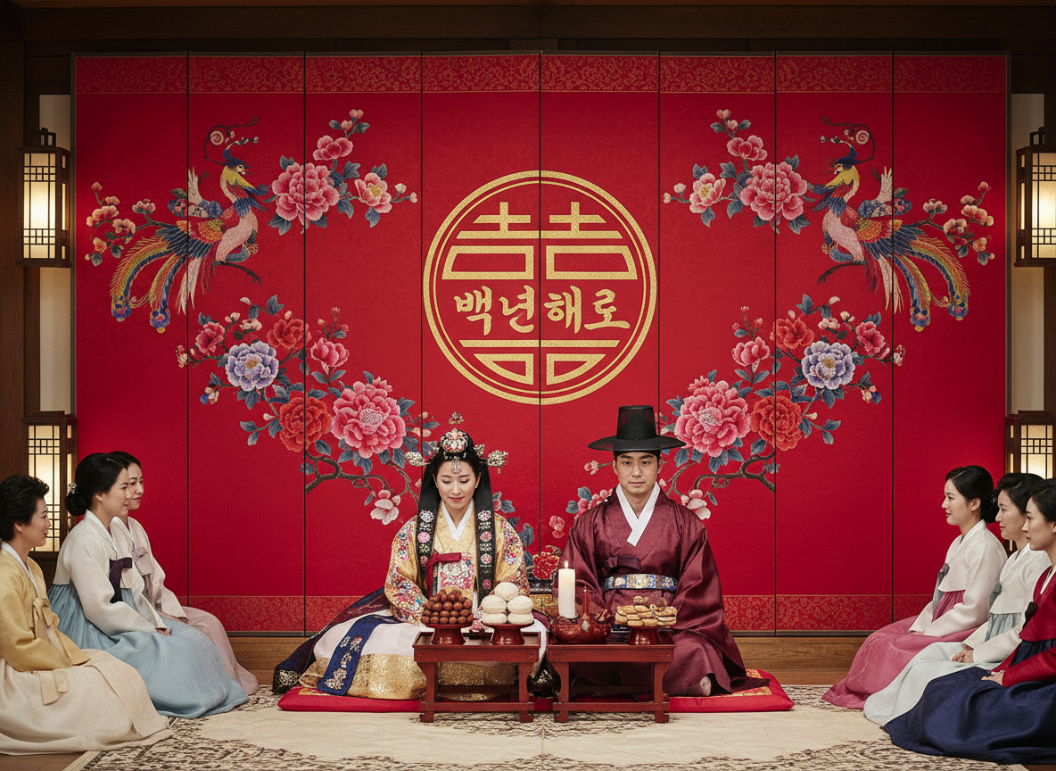 图中展示了一场传统韩式婚礼的室内场景，色调以喜庆的大红色为主。画面中心是一对穿着华丽韩服的新人，正襟危坐在红色坐垫上。新娘戴着繁复的头饰，身穿金黄色与彩色刺绣交织的礼服；新郎则戴着黑色纱帽，身穿深紫红色官服。他们面前摆放着两张小木桌，上面盛放着传统的婚礼糕点和水果。背景是一扇巨大的红色屏风，绘有精致的凤凰、牡丹花卉以及一个金色的圆形“双喜”标志，标志内融合了韩文字样。新人的两侧分别坐着三位穿着浅色韩服的女性亲友，神情庄重。

画面中存在明显的 AI 生成缺陷：首先，背景屏风中央的“双喜”汉字结构扭曲，内部嵌入的韩文笔画不规范，属于典型的文字生成错误。其次，两侧亲友的手部细节模糊，部分手指呈现不自然的融合状。此外，最左侧女性的坐姿与裙摆的透视关系略显生硬，与地毯的衔接不够自然。整体构图虽然对称美观，但细节处仍带有 AI 运算的痕迹。