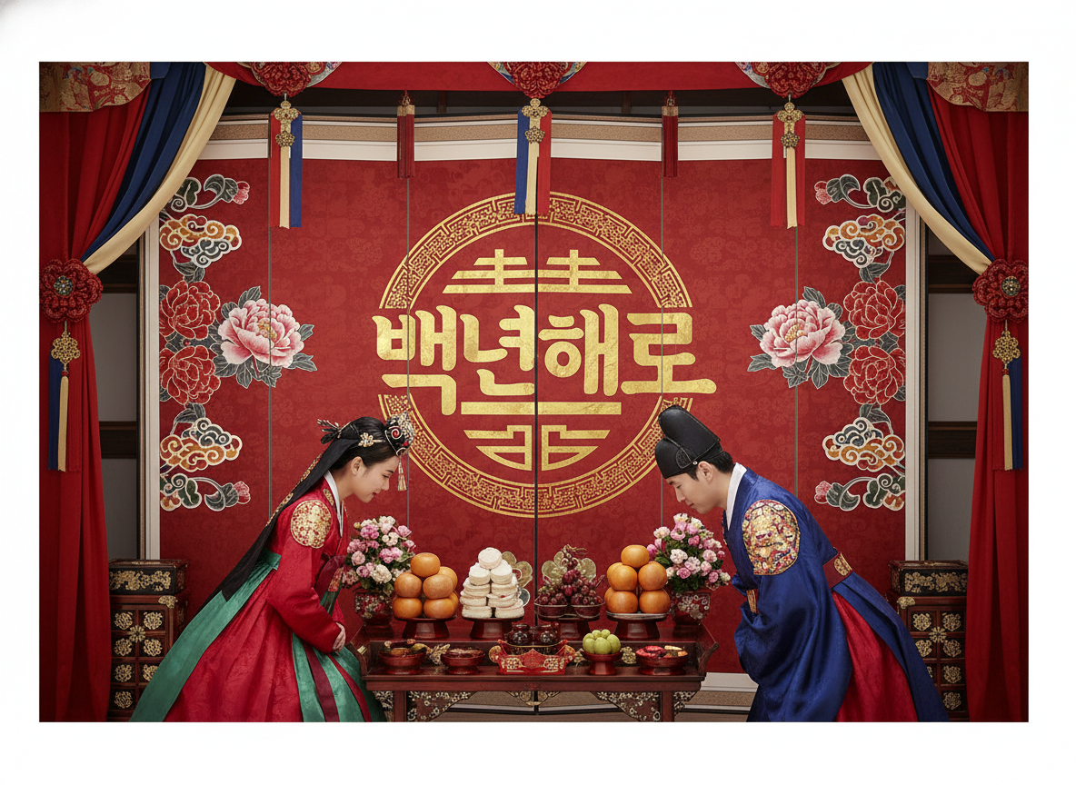 图中展示了一场充满传统氛围的韩式婚礼场景。画面中央是一对身着华丽韩服的新人，他们正隔着摆满祭品的木桌相对鞠躬。新娘穿着大红色的圆衫，点缀着金色的刺绣，新郎则穿着深蓝色的官服，头戴黑色的纱帽。背景是一扇巨大的红色屏风，上面印有金色的圆形纹样和韩文字样，两侧装饰着盛开的粉色牡丹花。桌上整齐地摆放着水果、糕点和花卉，整体色调以红、金、蓝为主，显得庄重而喜庆。

在 AI 生成的细节方面，画面存在一些明显的逻辑缺陷：屏风中央的韩文字符结构扭曲，并非标准的韩文，且上方的金色装饰线条显得杂乱且不对称。新娘的手部被衣袖遮挡，但露出的部分线条模糊。此外，背景屏风顶部的红色流苏挂饰分布不均，且与天花板的衔接处显得生硬，缺乏真实的物理垂坠感。整体构图虽然对称，但光影处理略显平整，缺乏自然环境的深度感。