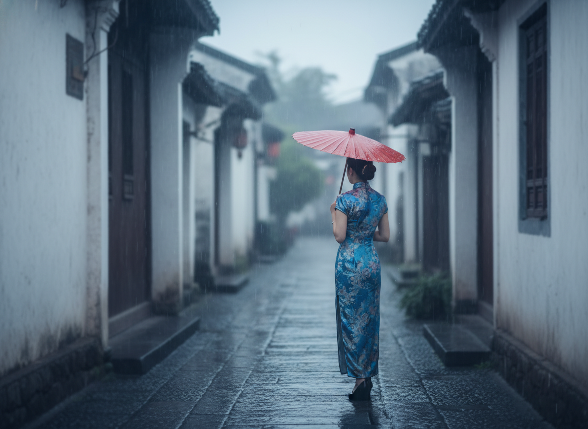 图中展现了一个烟雨朦胧的江南水乡景象。画面中央，一位身着蓝色花纹旗袍、挽着发髻的女子背对镜头，正撑着一把鲜艳的红色油纸伞，独自伫立在被雨水打湿的青石板小巷中。小巷两旁是典型的白墙黛瓦建筑，色调清冷偏蓝，与红色的雨伞形成了鲜明的视觉对比，营造出一种忧郁而唯美的氛围。

然而，画面中存在明显的 AI 生成缺陷：首先，女子的身体比例和姿态显得不自然，尤其是她的右手臂与身体的连接处结构模糊，且手持伞柄的方式不符合物理逻辑，伞柄似乎直接穿过了手部。其次，女子的脚部处理非常怪异，右脚呈现出一种扭曲的黑色块状，完全缺失了正常的鞋子形状和足部结构。此外，背景中的建筑线条在远景处变得模糊且有些扭曲，雨丝的分布也显得过于均匀且缺乏动态的真实感。