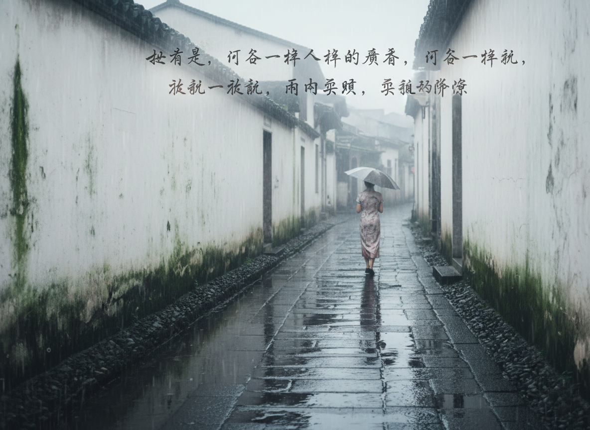 图中展现了一幅充满江南水乡韵味的雨中街景。画面中心是一条由青石板铺就的狭长巷弄，地面因雨水冲刷而显得湿漉漉的，倒映着灰蒙蒙的天空。两侧是高耸的白色墙壁，墙根处布满了斑驳的绿色苔藓，尽头隐约可见层叠的黑色瓦片屋顶，整体色调以灰、白、深绿为主，营造出一种忧郁而宁静的氛围。一名身着浅色碎花旗袍的女子正背对着镜头，撑着一把灰色的雨伞，独自向巷子深处走去。画面上方漂浮着两行手写体风格的汉字，意在模仿诗词。

在 AI 生成的细节方面，存在明显的逻辑缺陷：最显著的是上方的文字，虽然字形酷似书法，但仔细辨认会发现大多是无法识别的“伪汉字”或乱码组合，缺乏实际意义。此外，远处的建筑结构略显模糊且透视关系不够严谨，旗袍女子的双脚与地面的接触感较为生硬，伞柄的细节也处理得不够自然。