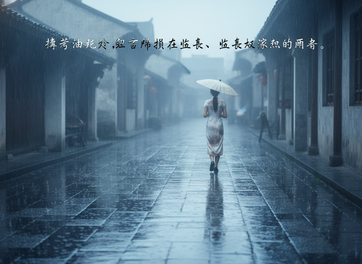 画面中展现了一幅充满江南韵味的雨景。场景设定在一条由青石板铺就的长巷，两侧是古朴的白墙黛瓦建筑，远处景物在烟雨蒙蒙中逐渐模糊，营造出深邃的透视感。画面中心是一位身着浅色碎花旗袍的女性背影，她扎着低马尾，手撑一把米白色的油纸伞，正独自向巷子深处走去。整体色调偏冷，以青灰色和蓝色为主，地面因积水倒映着建筑和人物的轮廓，细密的雨丝清晰可见。

作为一张 AI 生成的图片，画面存在明显的逻辑与细节缺陷：首先，图片上方的白色手写体文字虽然形似汉字，但实际上是无法辨认的乱码，缺乏实际含义。其次，人物的身体结构存在异常，其右手臂的线条与身体连接处显得僵硬且不自然，旗袍下摆的污渍或阴影分布也略显突兀。此外，女性脚下的倒影与其实际迈步的姿态并不完全匹配，伞柄的握持位置也显得模糊不清。