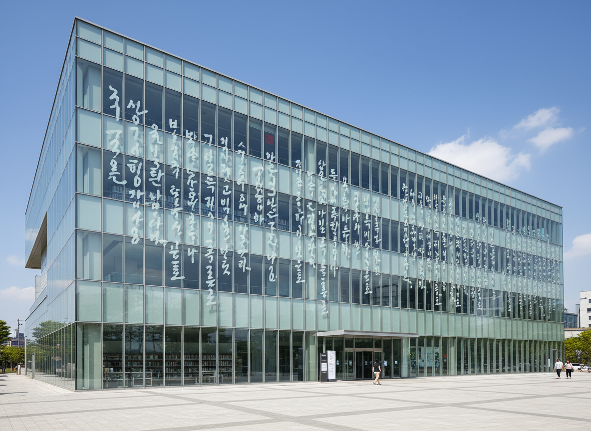 图中展示了一座现代化的多层玻璃幕墙建筑，整体呈现出极简主义的立方体结构。建筑外墙由浅绿色的透明玻璃组成，最引人注目的是玻璃表面覆盖着巨大的白色书法字体，看起来像是韩文或某种艺术化的草书，从左至右纵向排列，赋予了建筑浓厚的文化气息。阳光明媚，天空呈明亮的蓝色，点缀着几朵轻薄的白云。建筑前方是一个宽阔平坦的浅灰色地砖广场，零星有几名行人正在走动。

画面中存在明显的 AI 生成缺陷：首先，玻璃上的书法文字在细节上显得杂乱且不连贯，部分笔画与窗框的衔接处出现了逻辑错误，文字仿佛悬浮在玻璃内外之间。其次，广场上的行人比例和形态略显僵硬，尤其是右侧远处的行人，肢体轮廓模糊。此外，建筑左侧边缘的透视关系略显生硬，内部书架的线条在透过玻璃观察时出现了不自然的扭曲和断裂。