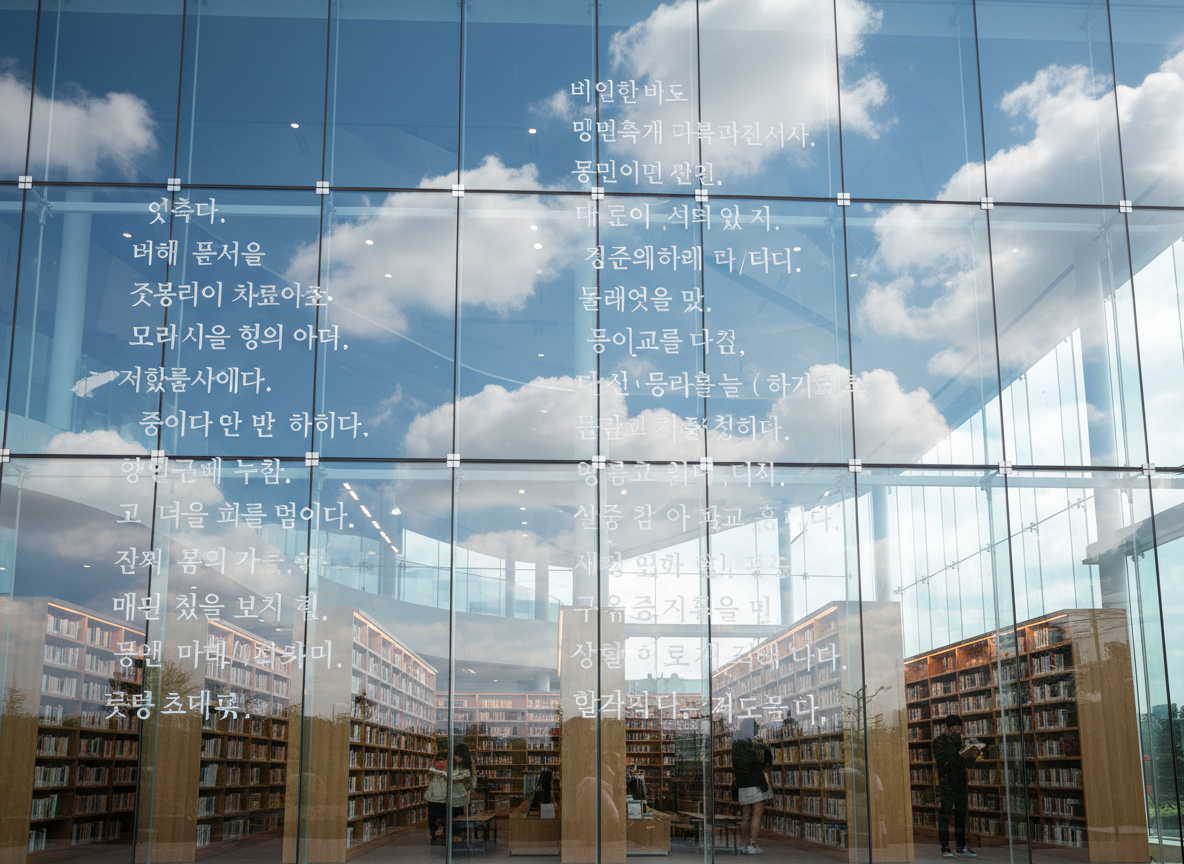 图中展示了一座现代图书馆的玻璃幕墙外景。画面由巨大的透明玻璃方块拼接而成，玻璃上清晰地倒映着蔚蓝的天空和洁白的积云，给人一种通透、明亮的感觉。透过玻璃，可以看到室内整齐排列的高大木质书架，书架上摆满了书籍，几名读者正漫步其间。画面中心和左侧的玻璃表面浮现着大量的白色韩文字符，仿佛诗歌般排列。

然而，这张图片存在明显的 AI 生成缺陷。最突出的问题在于玻璃上的韩文字符，虽然字形看起来像韩文，但大多是无意义的乱码或拼写错误的组合，无法组成通顺的语义。此外，玻璃的反射逻辑存在异常，倒映的云朵与室内书架的透视关系在某些衔接处显得生硬且不自然。室内的人物形象较为模糊，尤其是右侧读者的手部和书本细节缺乏清晰度，呈现出 AI 常见的涂抹感。
