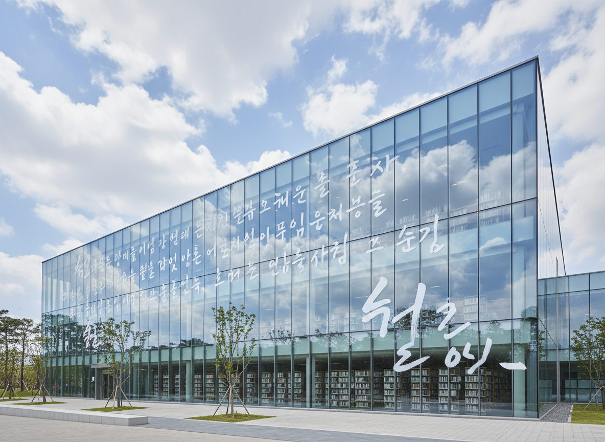图中展示了一座现代化的多层玻璃幕墙建筑，很可能是一所图书馆。建筑外观由大面积的蓝色玻璃组成，清晰地反射着天空中洁白的云朵。玻璃表面覆盖着巨大的白色韩文字体，呈现出一种艺术化的视觉效果。透过玻璃，可以看到室内整齐排列的书架和书籍。建筑前方是一个开阔的灰色石材广场，点缀着几棵由支架支撑的幼苗绿树。天空晴朗，呈现出明亮的浅蓝色。

在 AI 生成的细节方面，画面存在明显的逻辑缺陷：玻璃上的韩文字符笔画凌乱，许多字形并不完整或属于无意义的符号堆砌，尤其是右下角巨大的白色字体，结构显得模糊且不自然。此外，建筑内部的书架在透视上略显平面化，缺乏真实空间的深度感，部分玻璃幕墙的框架线条在交接处显得过于生硬，缺乏现实建筑的物理细节。
