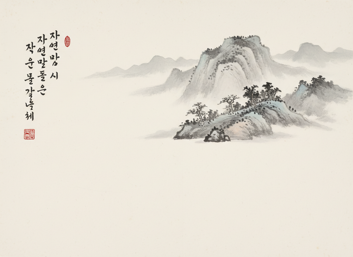 图中展现了一幅仿传统水墨风格的山水画，构图简洁，留白丰富。画面右侧描绘了云雾缭绕中的群山，山体以淡墨勾勒，辅以浅青色和赭石色的晕染，山上点缀着几棵形态古朴的松树。左侧上方有三行竖排的黑色书法文字，并配有两枚红色的印章。整体色调柔和，呈现出一种宁静、悠远的意境。

然而，画面中存在明显的 AI 生成缺陷：首先是左侧的书法文字，虽然看起来像韩文，但笔画结构混乱，并非真实的文字，属于典型的 AI 伪造字符；其次，红色的印章纹样模糊，内部没有可辨识的汉字或图案；在山石的细节处理上，部分树木与山体的连接处显得生硬，缺乏传统绘画中笔墨交融的自然感；远山的轮廓在云雾中消失得过于突兀，透视关系略显平面化。