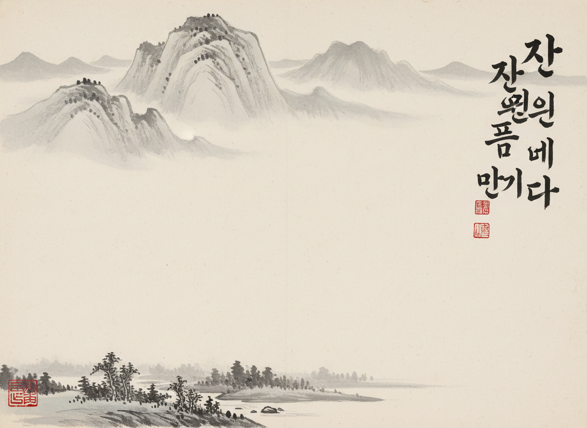 图中展现了一幅仿传统水墨风格的山水画，整体色调以淡雅的米白色纸张感为底，配以深浅不一的灰色墨迹。画面构图疏朗，采用典型的“三段式”布局：上方是云雾缭绕的远山，笔触柔和，山头点缀着细小的苔点；中间留有大面积的空白，表现出空灵的云海或水面；下方则是近景的平坡与疏林，几棵形态各异的古树伫立在岸边。画面右侧有一行竖排的书法作品，左下角和书法下方分别印有红色的方正印章。

作为 AI 生成的图像，画面存在明显的逻辑与文化融合缺陷。首先，右侧的书法并非汉字，而是模仿韩文字母（谚文）的笔画堆砌而成的符号，且字形结构扭曲，不具备实际含义，这在传统中国画背景中显得格格不入。其次，红色的印章图案模糊，内部纹路杂乱，无法辨认具体的篆刻文字。此外，远山的线条略显生硬重复，缺乏传统水墨画中自然干湿浓淡的笔墨韵味。