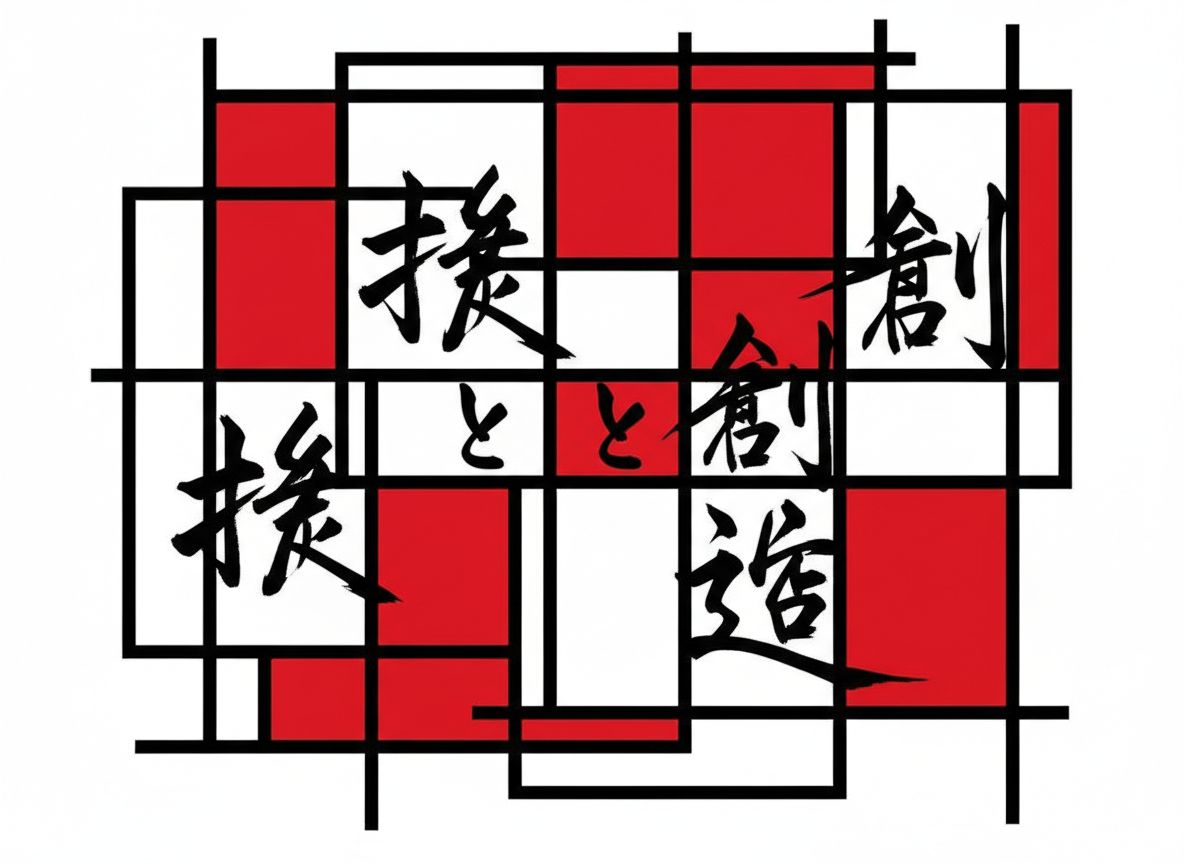 图中展示了一幅具有现代抽象风格的平面设计作品。背景由粗细不一的黑色直线交织成不规则的网格，类似蒙德里安的构图风格，色块仅使用了鲜艳的正红色与纯白色，视觉对比强烈且具有节奏感。在这些几何色块之上，叠放着黑色毛笔书法的汉字与日文假名。画面中央分布着如“挨”、“创”、“造”等字样，笔触苍劲有力，带有明显的墨迹飞白效果。然而，作为一张 AI 生成的图片，画面存在明显的逻辑缺陷：文字内容显得杂乱且无序，部分字体结构扭曲，出现了无法辨认的虚假字符或笔画重叠，例如中间的假名重复且位置局促，右侧的“创”字结构支离破碎。此外，背景的黑色线条在交叉处衔接不自然，部分线条凭空断裂或粗细突变，缺乏严谨的几何逻辑。