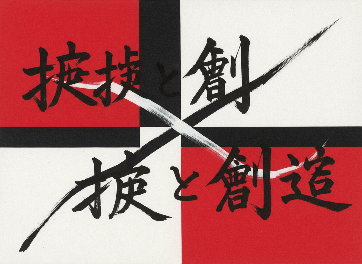 图中展示了一幅具有强烈视觉冲击力的平面设计作品，背景由红、黑、白三种颜色的色块拼接而成，呈现出类似十字划分的几何构图。画面中央叠放着粗犷的黑色书法字体，并伴有两个巨大的交叉笔触，形成一个贯穿全图的“X”形。文字风格带有浓郁的水墨感，笔锋凌厉。然而，作为 AI 生成的图片，画面中的文字存在明显的逻辑错误和形体缺陷：文字并非标准的汉字或日文，而是由一些扭曲、重叠的偏旁部首随机组合而成的“伪文字”，无法进行实际阅读。此外，背景色块的边缘衔接处略显生硬，部分书法线条在交叉点处出现了不自然的断裂和模糊，笔触的飞白效果在放大后显得有些机械，缺乏真实毛笔书写的随机灵动感。