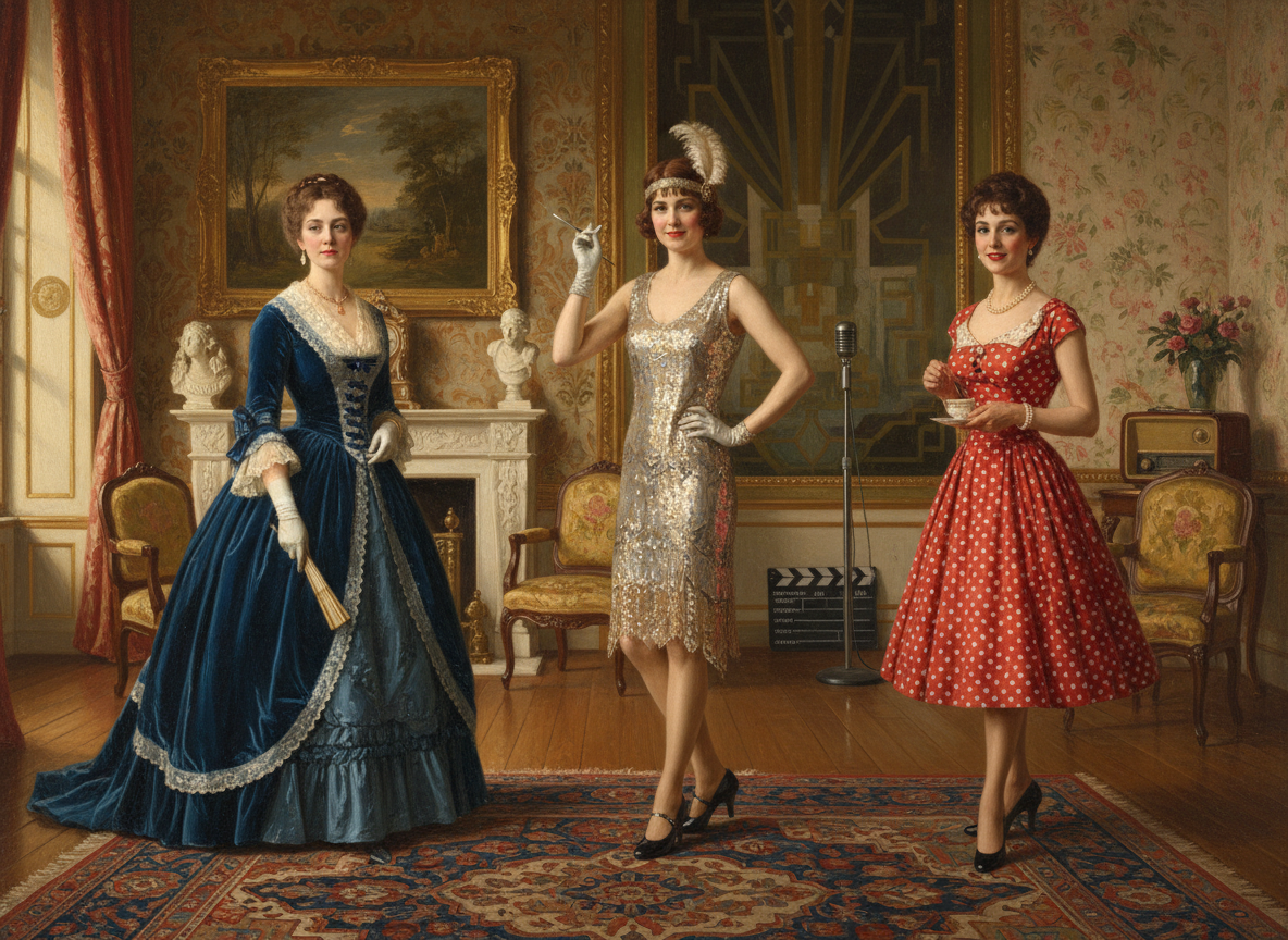 画面中展示了一个装饰华丽的室内空间，三位穿着不同时代风格服饰的女性并排站立，仿佛一场跨越时空的聚会。左侧女性穿着19世纪维多利亚风格的深蓝色天鹅绒长裙，手持折扇；中间女性身着20世纪20年代的金色亮片流苏裙，头戴羽毛发带，手持细长烟杆；右侧女性则穿着50年代风格的红色白点蓬蓬裙，端着茶杯。背景融合了古典油画、壁炉、装饰艺术风格的挂画以及老式收音机。整体色调温暖且富有质感，构图均衡。然而，画面存在明显的 AI 生成缺陷：中间女性右手持烟杆的姿势僵硬，手指与烟杆的衔接不自然；右侧女性端茶杯的手部结构模糊，手指数量异常且扭曲；背景中的场记板文字杂乱无章，无法辨认；此外，地面地毯的边缘与家具的透视关系略显生硬。
