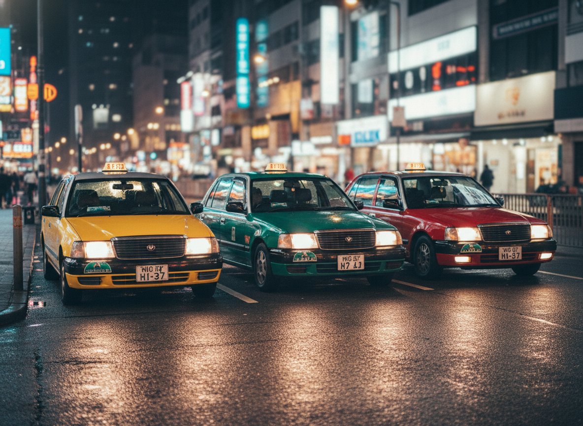 图中展示了一个繁华都市的夜晚街头，三辆色彩鲜艳的出租车并排停在湿漉漉的柏油马路上。从左至右，出租车的颜色分别为明黄色、深绿色和鲜红色，车顶都装有发光的黄色顶灯。背景是模糊的城市夜景，充满了五颜六色的霓虹灯招牌和建筑灯光，地面反射着灯光的倒影，营造出一种雨后湿润的质感。构图采用平视角度，三辆车占据了画面中心。

画面中存在明显的 AI 生成缺陷：首先，三辆车的车牌号码出现了逻辑错误，左侧黄车和右侧红车的车牌号几乎完全相同，且上面的文字是扭曲变形的乱码，无法辨认。其次，车头的标志模糊不清，形状怪异。最明显的异常在于透视和空间关系，三辆车并排占据了整条车道，却没有任何驾驶员在车内，且车辆的后视镜和车窗轮廓在细节处显得生硬且不自然。此外，背景中的招牌文字也均为无法解读的乱码字符。