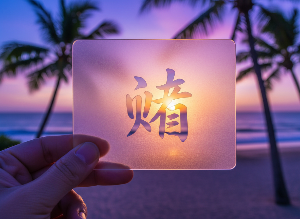 图中展示了一幅在热带海滩日落时分拍摄的特写画面。一只手正拿着一张半透明的磨砂质感方卡片，卡片中心镂空刻有一个复杂的汉字，夕阳的光芒正好透过这个文字中心射出。背景是深紫红色和橙色交织的晚霞，远处有模糊的椰子树剪影和宁静的海面，整体色调温馨而梦幻。

画面中存在明显的 AI 生成缺陷：首先，卡片上的汉字并非标准汉字，而是由类似“贝”字旁和“者”字组成的臆造字，笔画结构扭曲且不符合书写逻辑。其次，左下角持卡片的手部结构异常，大拇指的指甲形状不自然，且食指与卡片的接触位置缺乏合理的物理支撑感，手指的关节褶皱也显得较为模糊和生硬。此外，透过卡片看到的夕阳光晕与背景的自然光衔接略显突兀。