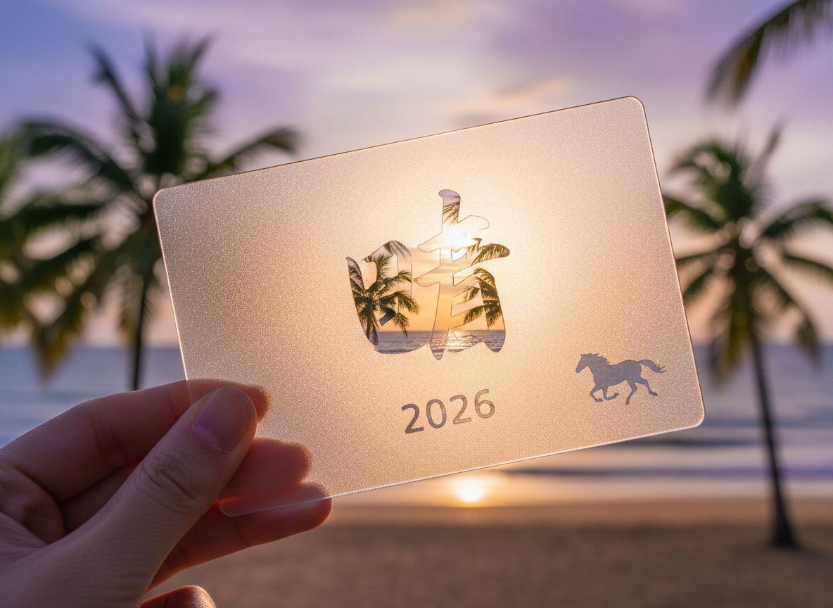 图中展示了一只左手拿着一张半透明磨砂质感的卡片，背景是落日余晖下的海滩。画面色调以温暖的橙黄色和柔和的紫色为主，远处可见模糊的椰子树剪影和波光粼粼的海面。卡片中心有一个镂空的汉字，形似“晴”字，透过镂空可以看到背景中清晰的椰林与夕阳。卡片下方印有数字“2026”，右下角有一个奔马的剪影图案。

在 AI 生成的细节方面，存在明显的逻辑和结构缺陷。首先，卡片中心的汉字结构扭曲，笔画之间缺乏正确的连接，呈现出一种无意义的符号感。其次，持卡的手部比例失调，大拇指的指甲形状异常，且手指与卡片接触的边缘显得模糊、不自然。此外，卡片右下角的马匹剪影线条生硬，缺乏动态美感。整体构图虽然意境优美，但细节处的文字和人体结构错误揭示了其 AI 生成的本质。