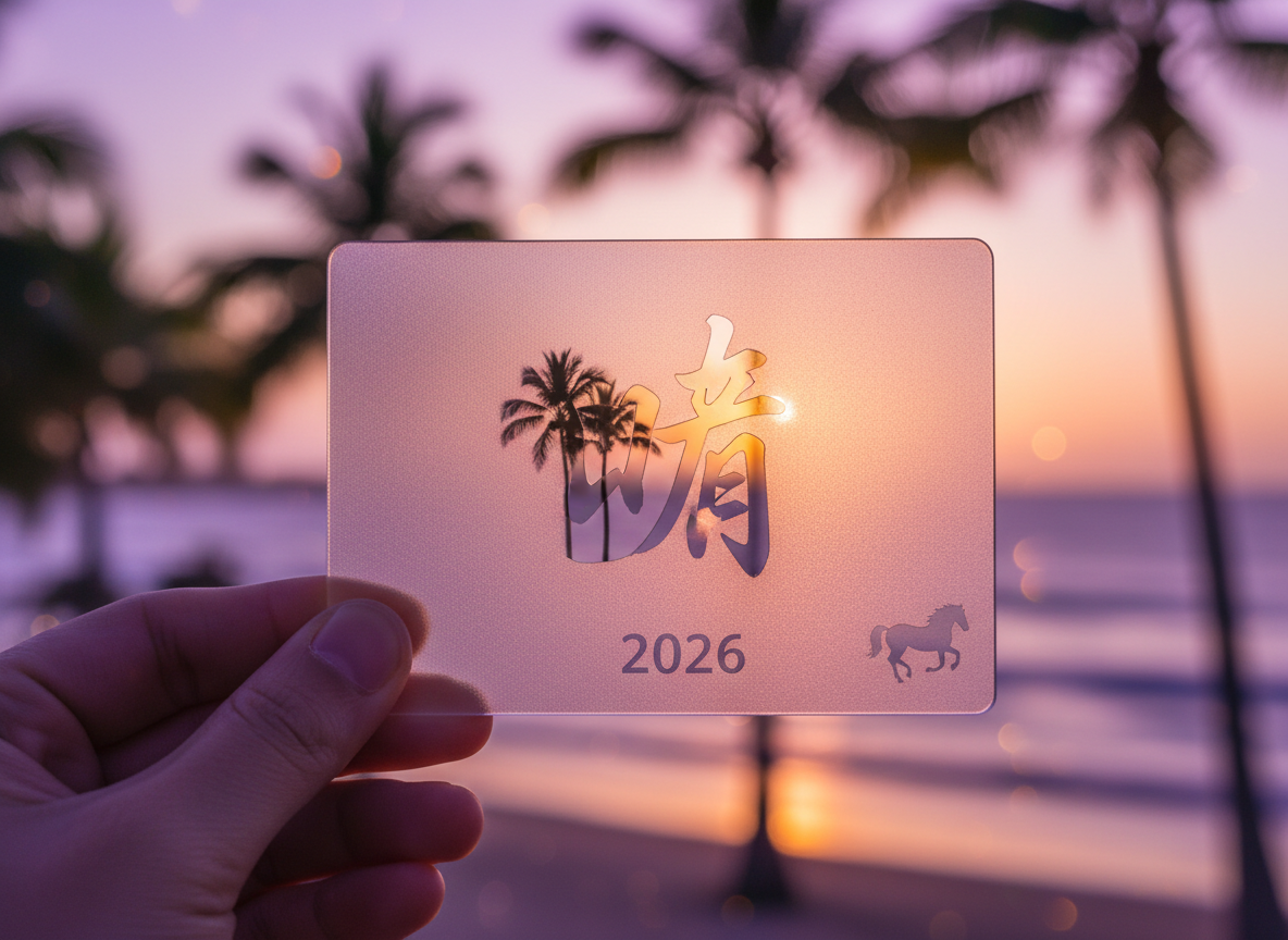图中展示了一只左手拿着一张半透明磨砂质感的卡片，背景是落日余晖下的海滩与椰子树林。画面色调以柔和的紫色、粉色和橙色为主，营造出宁静的黄昏氛围。卡片中心有一个镂空的艺术字体，其形状像是一个变形的汉字“峭”或“哨”，镂空处透出了背景中的两棵椰子树和金色的夕阳。卡片下方印有数字“2026”以及一个奔马的剪影图标。

作为一张 AI 生成的图片，画面存在明显的逻辑缺陷：首先，卡片中心的镂空汉字结构并不规范，属于无法准确辨认的错字；其次，左侧手部的持握姿势略显生硬，大拇指与食指捏住卡片边缘的方式在透视上有些不自然；此外，卡片右下角的马形图标边缘略显模糊，与整体精致的磨砂质感不完全匹配。背景中的椰子树呈现出梦幻的虚化效果，增强了画面的纵深感。