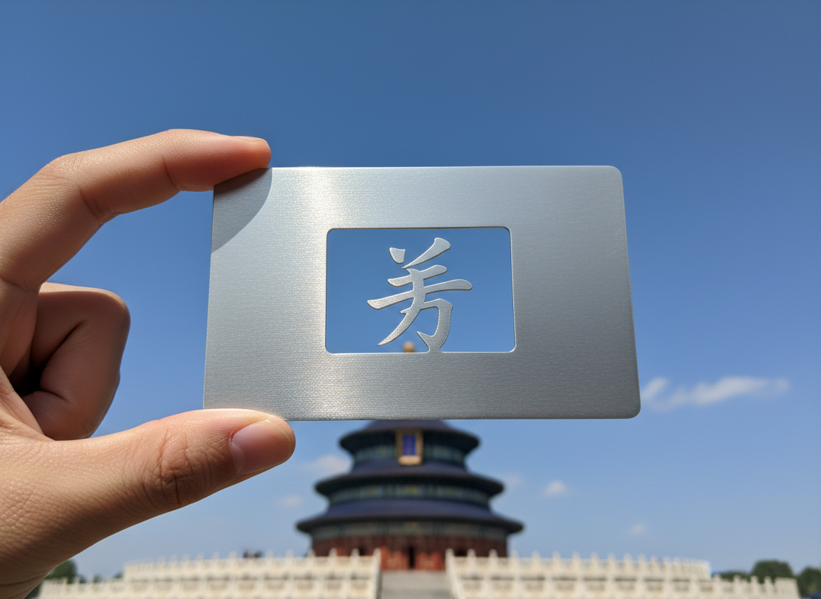 图中展示了一只左手拿着一张银色金属卡片，背景是北京天坛祈年殿在蓝天下的远景。卡片中心有一个长方形镂空，镂空处悬浮着一个银色的、类似汉字的符号。构图上，手和卡片位于画面左侧和中心，处于焦点位置，而背景的天坛则被刻意虚化，呈现出一种浅景深效果。天空呈现纯净的深蓝色，阳光从左上方照射，在手指和卡片上留下了清晰的光影。

这张图片存在明显的 AI 生成缺陷：首先，卡片中心的汉字并非真实的文字，而是一个笔画扭曲、逻辑不通的臆造字符。其次，该字符在物理结构上完全悬浮在镂空区域中心，没有任何连接点支撑，违背了物理常识。此外，持卡的手部细节也存在异常，食指的长度和关节弯曲角度显得不够自然，指甲的形状也略显模糊。背景中的天坛建筑虽然轮廓清晰，但细节部分因 AI 渲染而显得有些简化和生硬。