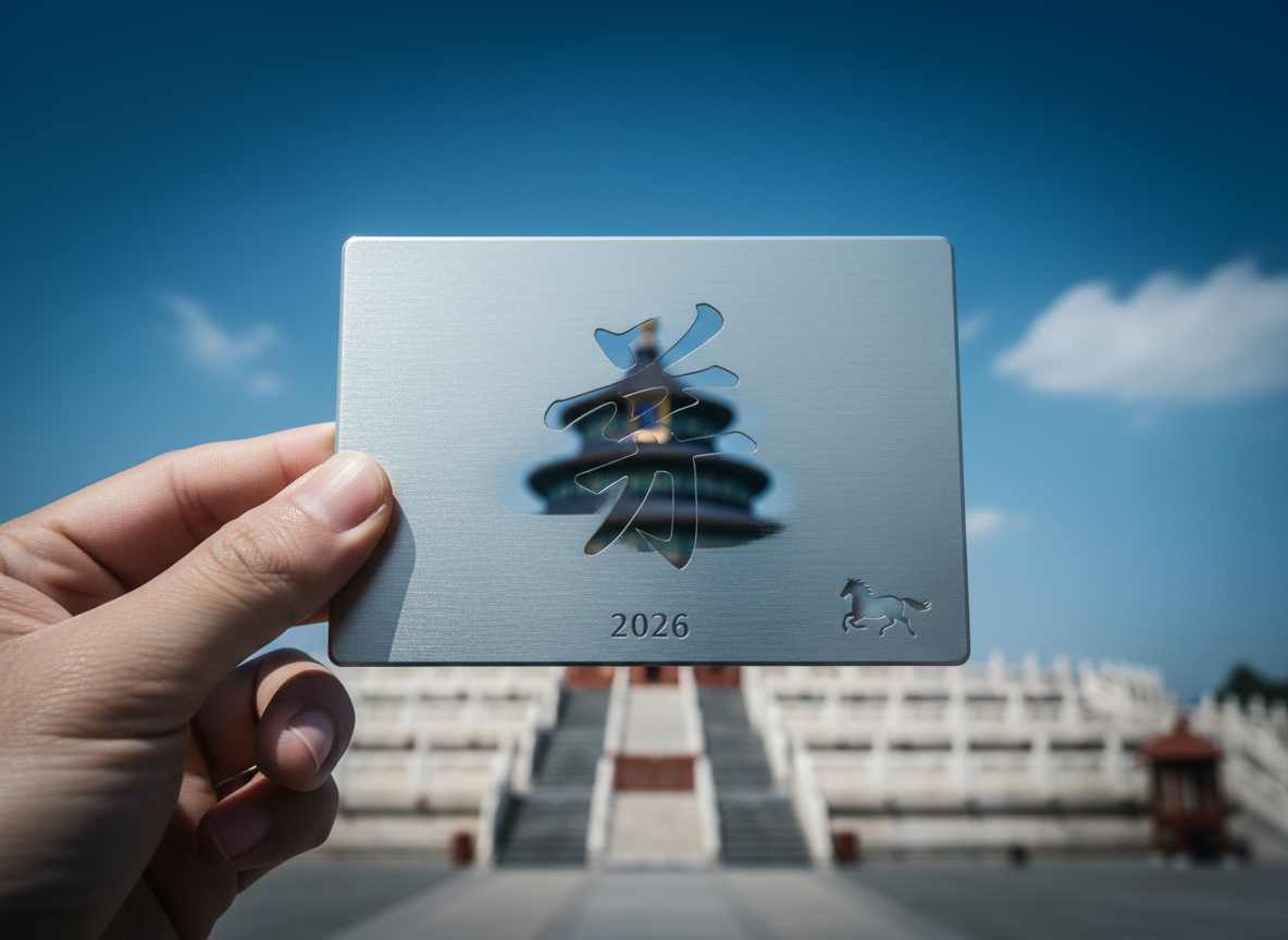 图中展示了一只左手拿着一张银灰色金属质感的卡片，背景是蓝天白云下的北京天坛祈年殿。卡片中心有一个镂空的汉字，透过这个镂空可以看到背景中模糊的天坛建筑。卡片右下角刻有“2026”字样以及一个小马形状的剪影。构图采用了第一人称视角，焦点集中在手持的卡片上，背景建筑则呈现出明显的虚化效果。

画面中存在几处明显的 AI 生成缺陷：首先，卡片中心的镂空汉字并非标准字体，笔画结构扭曲且难以辨认，似乎是多个汉字特征的错误融合；其次，手部细节存在异常，大拇指的指甲形状不自然，且食指与中指的连接处逻辑混乱，看起来像是手指重叠或缺失了部分关节；最后，卡片右下角的马形图案线条生硬，缺乏细节。整体光影虽然协调，但卡片边缘与手指的接触位置显得有些生硬，缺乏真实的压痕感。