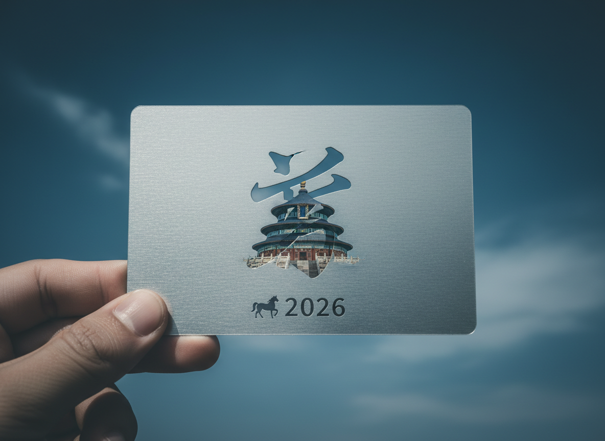 图中展示了一只左手拿着一张银灰色金属质感卡片的场景，背景是模糊的蓝天白云。卡片中心有一个镂空的汉字，形状近似「善」字，透过这个镂空可以看到远处的北京天坛祈年殿建筑。在镂空文字下方，印有一个黑色的马形剪影和数字「2026」。整体色调偏冷，呈现出一种现代与传统结合的设计感。

画面中存在明显的 AI 生成缺陷：首先，卡片中心的镂空汉字结构扭曲，并非标准的汉字，笔画断裂且逻辑不通；其次，虽然数字是 2026 年，但旁边的生肖图案是马，而 2026 年在农历中实际应为马年，这在逻辑上虽然契合，但马的剪影线条略显生硬；最明显的缺陷在于手部，大拇指的指甲形状异常，且手指与卡片接触的边缘处理不够自然，缺乏真实的压迫感。此外，透过镂空看到的建筑透视与背景天空的衔接也略显违和。
