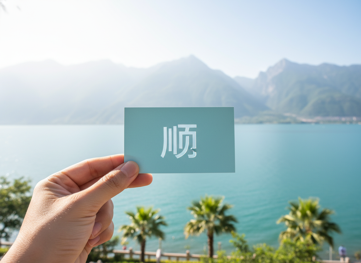 图中展示了一幅在明媚阳光下的湖光山色美景。画面前景左侧有一只手，正捏着一张淡蓝绿色的长方形卡片，卡片中心镂空刻有一个简体的“顺”字。背景是波光粼粼的青蓝色湖泊，远方矗立着连绵起伏的淡蓝色山峦，山顶笼罩在柔和的白光中，整体色调清新自然。湖岸边可以看到几棵翠绿的棕榈树和护栏，营造出一种悠闲的度假氛围。

然而，画面中存在明显的 AI 生成缺陷：最显著的是持卡片的手部结构异常，大拇指的比例和关节连接显得生硬且不符合人体解剖学，食指与卡片的接触位置也缺乏自然的受力感。此外，卡片上的镂空文字“顺”字，其右侧的“页”字部分笔画出现了扭曲和不合理的断裂，并非标准的汉字书写结构。远处的山脉边缘略显模糊，与水面的交界处处理得不够自然。