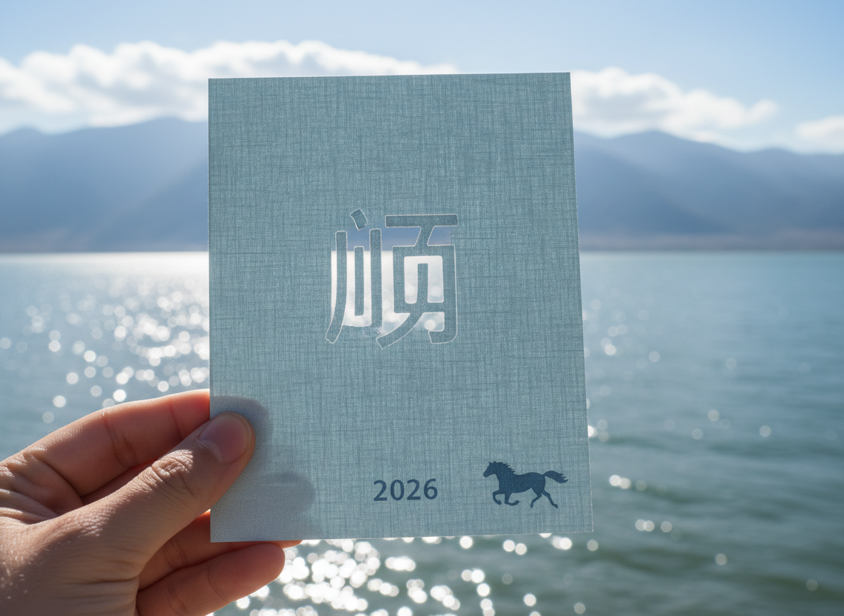 图中展示了一只左手拿着一张浅蓝色纹理卡片的特写镜头，背景是波光粼粼的湖泊和远处的群山。卡片中心有一个镂空的汉字“顺”，光线透过镂空处显现出后方湖水的亮色。卡片底部印有数字“2026”和一个奔马的剪影。背景中的湖面在阳光下闪烁着白色的光斑，远山呈淡蓝色，天空晴朗并伴有少量白云。

画面中存在明显的 AI 生成缺陷：首先，卡片中心镂空的“顺”字笔画结构不规范，左侧偏旁与右侧部分连接处显得生硬且不符合常规书法或字体逻辑。其次，手部细节处理异常，大拇指的指甲形状模糊，且食指与卡片接触的边缘出现了不自然的重叠和透视错误，仿佛手指的一部分嵌入了卡片之中。此外，卡片右下角的马匹剪影线条略显僵硬，缺乏自然的动态感。