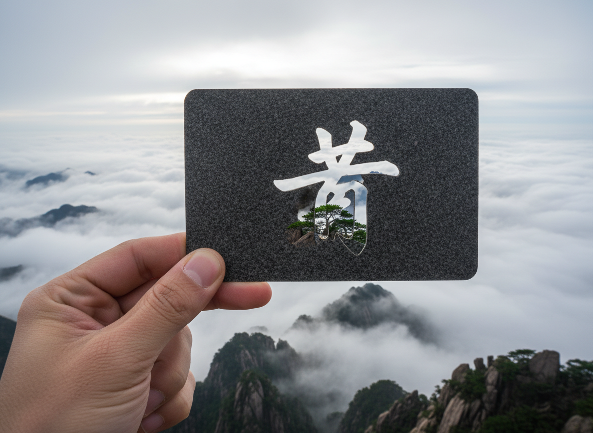图中展示了一只左手拿着一张深灰色磨砂质感的长方形卡片，背景是壮丽的高山云海。卡片中心有一个镂空的汉字，形似“昔”字或“黄”字的变形。透过这个镂空的汉字，可以看到远处山巅上一棵翠绿的松树，这种“框景”构图将自然美景与文字巧妙结合。背景中的山峰在浓密的白云中若隐若现，天空呈现出淡雅的灰白色，整体色调清新自然。

然而，画面中存在明显的 AI 生成缺陷：首先，镂空的汉字结构并不标准，笔画连接处显得生硬且不符合汉字书写逻辑；其次，最明显的错误在于持卡的手部，大拇指的指甲形状异常，且食指与卡片接触的位置透视错误，手指似乎直接“嵌入”了卡片边缘，缺乏真实的物理接触感；此外，卡片右侧边缘悬空，没有手指支撑却能平稳保持水平，违背了重力常识。
