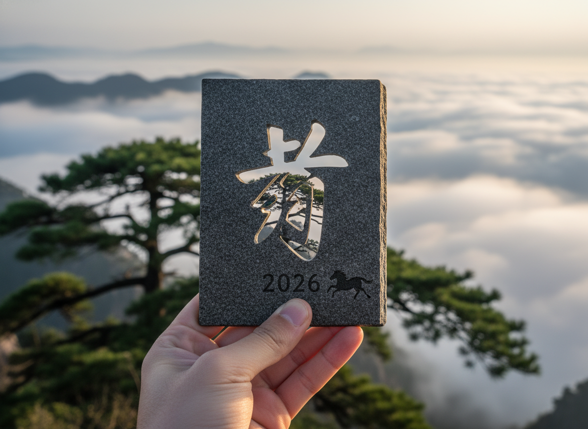 画面中，一只手正举着一块深灰色的长方形石板，背景是壮丽的高山云海。石板中心有一个镂空的汉字，透过这个字可以看到背景中一棵苍劲的迎客松。石板下方刻有数字“2026”和一匹奔马的剪影。远景是连绵的山峦和如浪潮般的白色云雾，在柔和的晨光或余晖下显得宁静深远。构图上，石板位于画面中心，形成一种“画中画”的视觉效果。

然而，画面中存在明显的 AI 生成缺陷：首先，石板中间镂空的汉字结构异常，并非标准的汉字，看起来像是“前”字或“荷”字的错误变形，笔画断裂且逻辑不通。其次，持握石板的手部结构不自然，大拇指的比例和连接处显得僵硬，手指的边缘与石板交界处略显模糊。此外，石板右侧的边缘过于平整，与左侧略带粗糙的质感不完全统一，透视关系上也略显生硬。