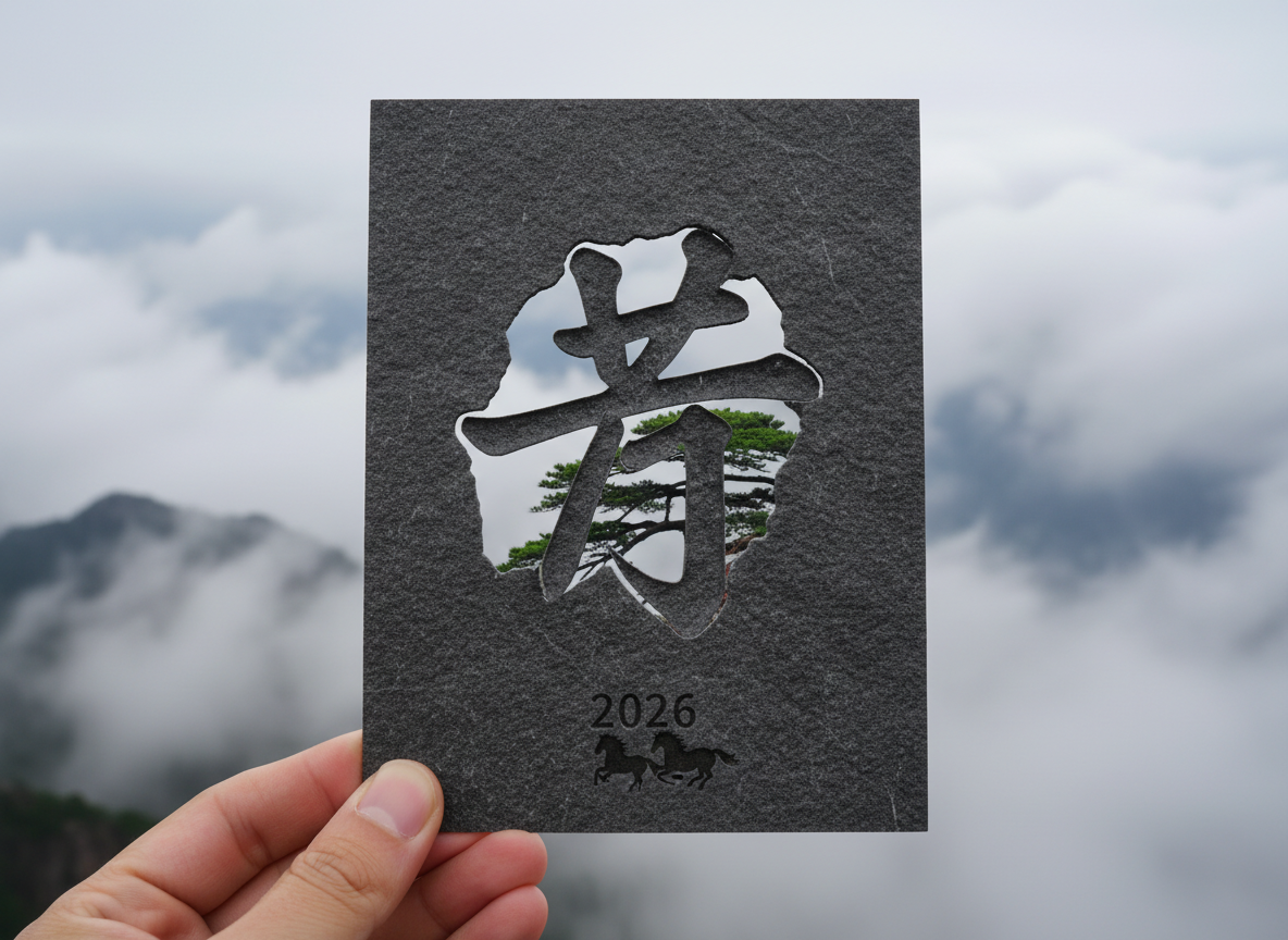图中展示了一只左手捏着一张深灰色磨砂质感的长方形卡片，背景是云雾缭绕的高山。卡片中心有一个巨大的镂空汉字，看起来像是“若”字或“芳”字的变体，通过镂空处可以看到远方山巅上的一棵翠绿松树。卡片下方印有数字“2026”和两匹奔马的剪影。整体色调清新，构图采用了框景摄影手法，将自然景观嵌入人造卡片中。

画面中存在明显的 AI 生成缺陷：首先，卡片中心的镂空汉字结构逻辑混乱，笔画断裂且不符合常规汉字书写，像是随机拼凑的符号。其次，左下角捏住卡片的手指比例失调，食指异常粗大且指甲形状生硬，与手掌的连接处缺乏自然的骨骼感。此外，卡片底部的马匹剪影边缘模糊，且“2026”数字的透视与卡片平面略有偏差，显得不够真实。