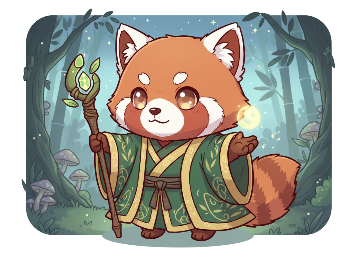 图中展示了一只采用 Q 版二次元风格设计的可爱小熊猫法师。它站在一片梦幻的竹林背景中，拥有红褐色的毛发、圆滚滚的面部和巨大的棕色眼睛。小熊猫身穿一件带有金色花纹边缘的深绿色古风长袍，腰间系着深色腰带。它右手握着一根顶端镶嵌着绿色宝石的木质法杖，左手掌心上方悬浮着一颗散发淡黄色光芒的能量球。背景由淡蓝色的竹林、扭曲的树干和几朵发光的紫色蘑菇组成，天空中点缀着细小的星光。在 AI 生成缺陷方面，最明显的是小熊猫的左手爪子，手指的数量和结构显得模糊且不协调，呈现出一种扭曲的肉团感；此外，法杖顶端的宝石与木质纹理的衔接处略显生硬，背景中左侧的蘑菇边缘与树干的透视关系也存在轻微的重叠异常。