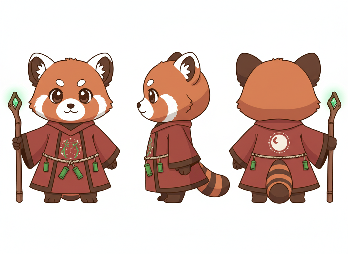 图中展示了一张卡通风格的小熊猫角色设计三视图，包含正面、侧面和背面三个角度。这只小熊猫有着橙红色的毛发、圆圆的大眼睛和标志性的环状花纹尾巴，形象软萌可爱。它穿着一件深红色的中式长袍，腰间系着草绳，并挂有绿色的竹筒装饰。在正面和背面的视图中，它手持一根顶端镶嵌着发光绿宝石的木质法杖。背景为纯白色，构图整齐清晰。在 AI 生成的细节方面存在一些逻辑缺陷：侧视图中的法杖完全消失了，且没有画出尾巴连接身体的自然结构；背视图中小熊猫的耳朵颜色由正面的白色内耳变成了纯深褐色，与前两个视角不统一；此外，法杖顶部的宝石形状在正背两面也略有差异。