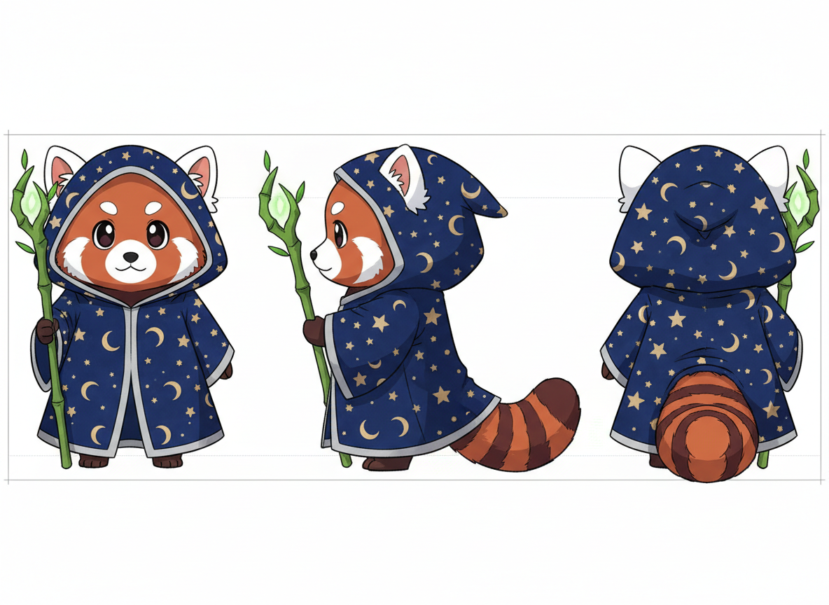 图中展示了一只可爱的小熊猫魔法师的三视图，包括正面、侧面和背面，背景为纯白色，带有淡淡的辅助参考线。这只小熊猫有着红褐色的毛发、白色的眉斑和标志性的环状花纹大尾巴。它穿着一件深蓝色的连帽魔法袍，袍子上点缀着金色的星星和月亮图案。它手中握着一根由绿色竹节制成的法杖，顶端镶嵌着一颗发光的绿色宝石。整体画风偏向Q版动漫风格，线条清晰。在 AI 生成的细节方面，存在一些明显的逻辑缺陷：正面视角中小熊猫的手部结构模糊，仅为一个深色圆块；侧面视角中，法杖似乎直接穿过了它的手臂，且尾巴的连接位置略显生硬；背面视角中，法杖的位置与前两个视角不一致，且斗篷上的星星月亮图案分布在接缝处显得不够自然。