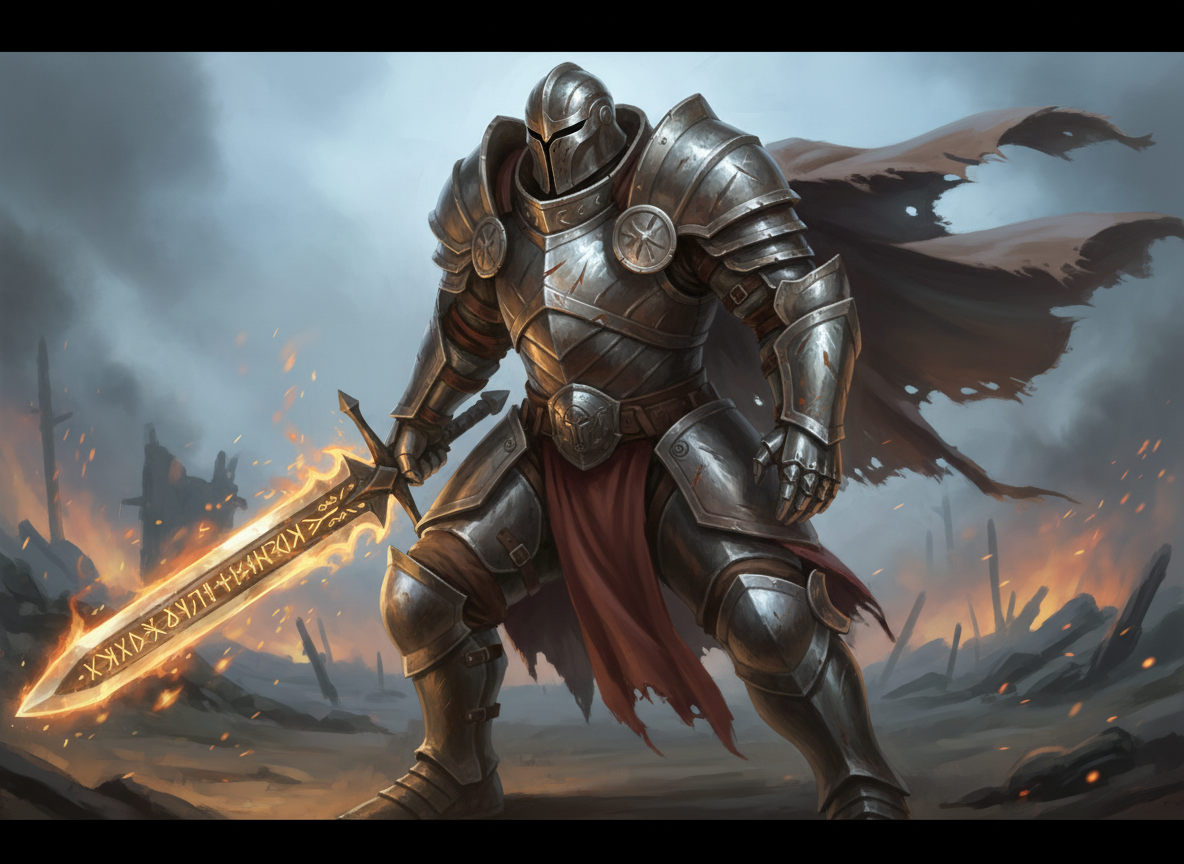 画面中展示了一位身形魁梧、威风凛凛的重装骑士，正伫立在硝烟弥漫的战场中心。骑士全身包裹在银灰色的厚重板甲中，盔甲表面布满了战斗留下的划痕，背后披着一件破损严重的棕褐色披风，在风中向右侧飘扬。他右手紧握一把巨大的双手大剑，剑身正散发着耀眼的金色光芒，其上刻有神秘的符文，火星从剑刃向四周飞溅。背景是昏暗阴沉的战场废墟，地面散落着残骸，远处火光若隐若现，营造出一种肃杀、沉重的史诗感。

在 AI 生成的细节方面，存在一些明显的逻辑缺陷：首先是骑士的右手，手指与剑柄的握持关系模糊，指节数量和分布显得不自然；其次，大剑的剑柄末端与骑士手部的连接处结构混乱，似乎直接穿过了手掌；此外，左手护甲的指尖部分形状过于尖锐且排列不齐，缺乏真实的关节结构。骑士腰部的红色布料与腿部盔甲的穿插关系也略显生硬，缺乏合理的物理垂坠感。