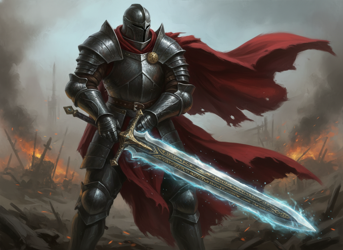 图中展现了一位身形魁梧的重装骑士，正伫立在硝烟弥漫的战场中心。骑士全身包裹在深灰色的金属铠甲中，铠甲表面带有磨损和战斗的痕迹，显得沉稳而厚重。他头戴全封闭式头盔，颈部围着鲜红色的围巾，身后披着一件宽大且随风向右侧飘扬的红色披风，为灰暗的画面增添了强烈的视觉冲击力。骑士双手握着一把巨大的双手大剑，剑身散发着耀眼的青蓝色寒光，仿佛附带着某种魔法能量，剑刃边缘有明显的能量粒子溢出。背景是模糊的废墟与火光，营造出一种压抑而肃杀的战争氛围。在 AI 生成的细节方面，存在明显的逻辑缺陷：骑士的双手与剑柄的握持关系非常混乱，手指的结构模糊且重叠，未能清晰地展现抓握动作；此外，大剑的剑柄末端与骑士右手的连接处透视异常，剑身看起来像是直接穿过了手部而非被握住。