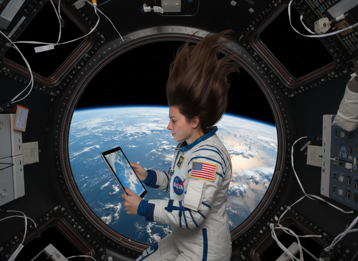 图中展示了一位身穿白色宇航服的女性宇航员，正身处国际空间站的穹顶舱内。她侧身坐着，长发在微重力环境下向上飘散，手中拿着一台平板电脑，屏幕上显示着地球的卫星图像。背景是一个巨大的圆形观测窗，窗外是蔚蓝色的地球弧线、白色的云团以及深邃的黑色太空。舱内布满了复杂的电线、控制面板和各种科学仪器，整体色调以冷白、深灰和地球的蓝色为主。

画面中存在明显的 AI 生成缺陷：首先，宇航员左手握持平板电脑的方式极不自然，手指显得僵硬且比例失调，甚至与平板边缘融合。其次，宇航服上的标志存在逻辑错误，左臂上贴着美国国旗，但胸前的 NASA 标志文字模糊不清且形状扭曲。此外，舱体内部的电线分布杂乱且缺乏物理连接逻辑，部分线缆凭空出现或消失。尽管构图宏大，但这些细节处的透视和结构异常揭示了其 AI 生成的本质。
