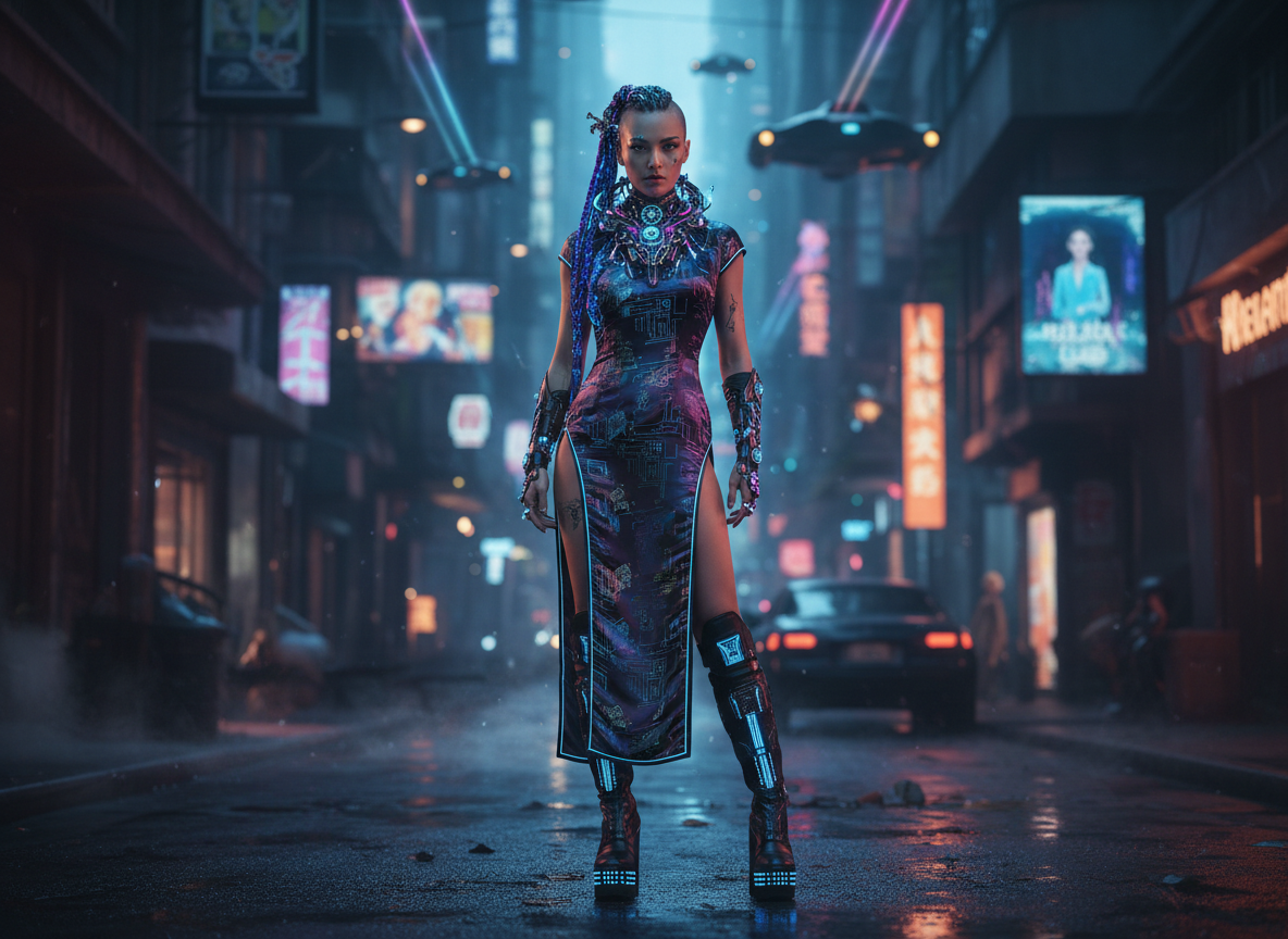 图中展现了一个充满赛博朋克风格的未来都市街道。画面中央站立着一位神情冷峻的女性，她留着蓝紫色交织的长辫，半边头部剃短，穿着一件融合了未来科技感的深紫色高开叉旗袍，裙摆上印有复杂的电路板纹样。她颈部佩戴着发光的机械装置，双腿穿着厚重的发光机甲长靴。背景是潮湿且昏暗的街道，地面倒映着霓虹灯光，空中悬浮着类似无人机或飞行器的物体，两侧矗立着挂满发光招牌的建筑，整体色调以深蓝、冷紫和霓虹橙为主，营造出一种科幻电影般的压抑与华丽感。

在 AI 生成的细节方面，存在一些明显的逻辑缺陷：女性的双手手指显得扭曲且比例失调，指尖的形状模糊不清；背景中的霓虹灯牌文字均为无法辨认的乱码符号；此外，画面左侧和远处的物体透视略显生硬，与地面的衔接不够自然，呈现出一种超现实的拼贴感。