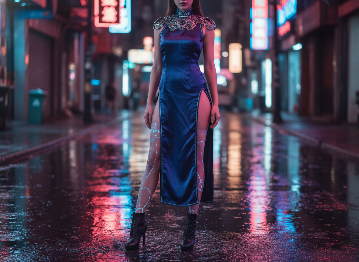 画面中展示了一位身着深蓝色改良旗袍的女性，立于充满赛博朋克氛围的夜间街道中心。她穿着高开叉的绸缎旗袍，领口有精致的金属镂空装饰，腿部穿着带有发光蓝色纹理的半透明长袜和黑色高跟短靴。背景是潮湿且反光的柏油路面，两侧矗立着闪烁红、蓝、白霓虹灯牌的建筑，营造出一种科幻都市的压抑与华丽感。构图上，人物位于正中央，镜头高度较低，增强了视觉冲击力。

在 AI 生成的细节方面，存在明显的逻辑缺陷：首先，人物的双手呈现出不自然的扭曲，手指轮廓模糊且结构混乱。其次，背景中的霓虹灯牌文字均为无法辨认的乱码符号。最明显的异常在于人物的腿部与脚踝连接处，透视关系显得生硬，且双脚在积水地面上的倒影与实际站姿并不完全匹配，右脚边缘出现了轻微的像素重叠。
