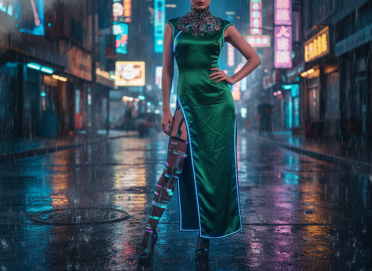 图中展示了一个融合了赛博朋克风格与中国传统元素的雨夜街景。画面中心是一位身材高挑的女性，她身着一件深绿色绸缎质感的长款旗袍，旗袍边缘勾勒着发光的蓝色霓虹灯条，领口装饰着精致的金属镂空花纹。她的一条腿迈出裙摆分叉处，穿着带有电子电路纹理的发光丝袜。背景是一条湿漉漉的城市街道，两侧布满了闪烁的中文霓虹灯招牌，地面倒映着绚丽的蓝、粉、橙色光影。整体色调冷峻而华丽，充满了未来感。

在 AI 生成的细节方面，画面存在明显的缺陷：女性左手叉腰的手指显得细长且关节扭曲，指尖形态模糊；背景中的中文招牌文字多为无意义的笔画堆砌，无法辨认具体含义；此外，雨滴的下落轨迹在人物边缘显得不够自然，部分发光线条与衣物的透视关系略显生硬，呈现出一种超现实的拼贴感。
