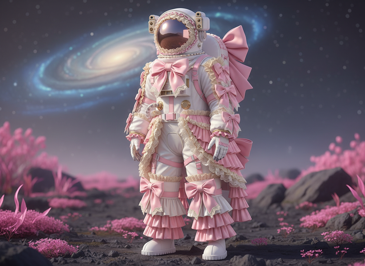 画面中展示了一位站在外星地表上的宇航员，其形象融合了硬核航天科技与极度甜美的洛丽塔风格。宇航员身穿一套白色的重型宇航服，但全身点缀着大量的粉色蝴蝶结、蕾丝花边和层叠的百褶裙摆，胸前和膝盖处都有巨大的粉色丝缎蝴蝶结，头盔边缘也镶嵌了精致的蕾丝。背景是荒凉的灰色岩石地表，点缀着粉色的外星植物，远方悬浮着一个巨大的蓝色螺旋星系，构图平衡，色彩呈现出梦幻的粉紫调。

在 AI 生成的细节方面，存在一些明显的逻辑缺陷：宇航员的左手手指数量和形状显得模糊且不自然，与手套的结构融合得不够清晰；宇航服右侧腰间的一些蕾丝装饰与机械部件产生了不合理的穿模重叠；此外，头盔面罩反射出的环境与背景中的星系景观并不完全吻合。尽管如此，整体画面营造出一种强烈的超现实主义视觉冲击感。