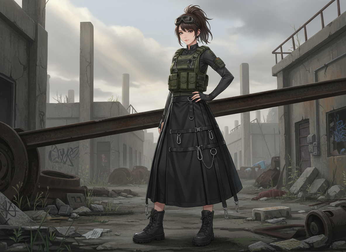 图中展现了一位具有动漫风格的年轻女性，她正站在一片荒废的工业遗迹中心。她留着深棕色的高马尾，头顶戴着一副防风护目镜，身穿黑色紧身长袖上衣，外搭一件橄榄绿色的多功能战术背心。下半身则是一条极具设计感的黑色长裙，裙摆上装饰着金属环、扣带和链条，脚蹬一双黑色作战靴。背景是灰暗颓废的废墟，随处可见断裂的钢梁、废弃的轮胎和带有涂鸦的混凝土墙，天空阴沉，透出微弱的光。

在 AI 生成细节方面，画面存在几处明显的逻辑缺陷：首先，女性左手叉腰的动作显得僵硬，手指的结构模糊且比例失调；其次，横穿画面的生锈钢梁在透视上非常诡异，它似乎凭空穿过了人物的腰部区域，与环境的物理连接极不自然；此外，长裙底部的金属吊坠分布杂乱，部分扣环呈现出扭曲的形态，缺乏真实的重力感。