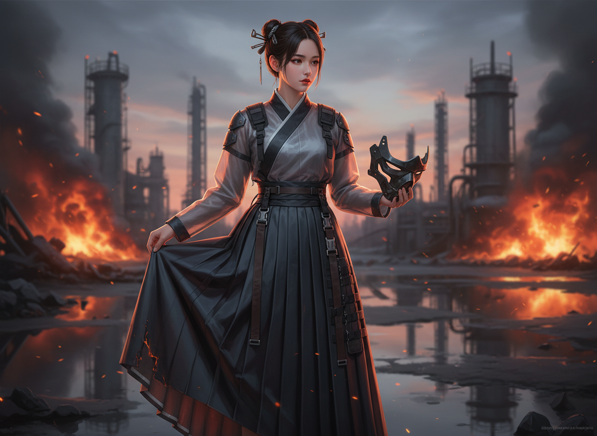 图中展现了一位年轻女性站立在充满末世感的工业废墟背景中。她身着融合了中国传统汉服元素与现代战术风格的深灰色长裙，腰间配有工业风的皮带与锁扣，左手提着一个黑色的机械面具，右手轻提裙摆。背景是黄昏时分的化工厂，两侧有巨大的火球在燃烧，浓烟滚滚，地面布满积水倒影，整体色调以冷峻的灰蓝色与炽热的橙红色形成强烈对比。人物面容精致，梳着带有发簪的双发髻。在 AI 生成细节方面，存在明显的逻辑缺陷：人物左手抓握面具的手指显得杂乱且结构模糊，右手提裙摆的手指也呈现出不自然的扭曲；此外，裙摆上的褶皱与腰间的战术挂带在透视上略显生硬，背景中左侧的火光与地面反射的火光在位置上未能完全对应。