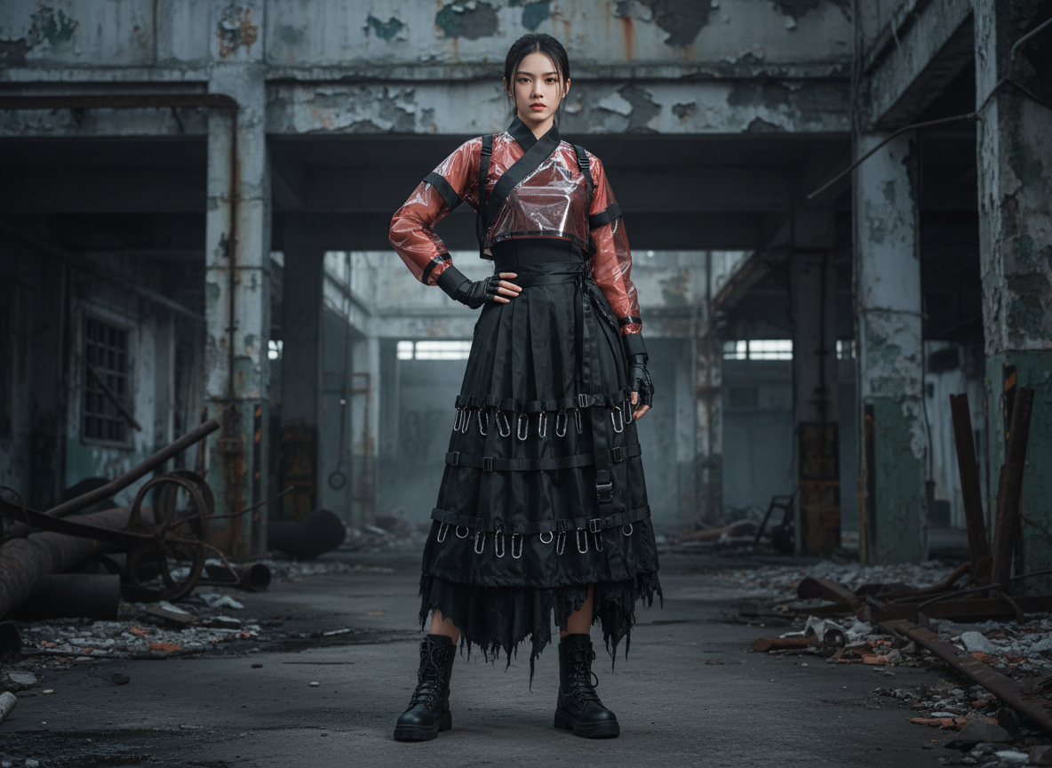 图中展示了一位年轻女性站立在破旧废弃工厂的中心。她留着黑色马尾辫，神情冷峻，身穿一套融合了传统与现代工业风的服饰：上身是红黑相间的交领短衫，外罩一件透明材质的战术背心；下身穿着黑色多层百褶长裙，裙摆点缀着大量金属环扣，脚蹬黑色马丁靴。背景是灰暗、破败的工业遗址，满地瓦砾和锈蚀的金属管，整体色调偏冷且沉重。

画面中存在明显的 AI 生成缺陷：最显著的是人物的手部，她右手叉腰，但手指的结构模糊且扭曲，指节数量异常；左手自然下垂，手指显得过于细长且形状不自然。此外，背景中左侧的金属管道与地面的衔接处透视略显生硬，裙摆上的金属环分布过于密集且部分形状不规则，缺乏真实的重力垂坠感。尽管如此，整体构图平衡，人物主体突出。