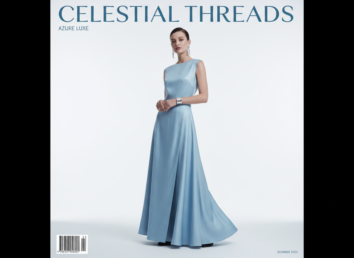 画面中展示了一张仿杂志封面风格的时尚照片。一位肤色白皙、留着深色贴头皮发型的女性模特站在纯白色背景中央。她身穿一件浅蓝色的无袖绸缎长裙，裙摆宽大垂至地面，左手腕戴着一只宽大的银色手镯，耳朵上挂着夸张的银色耳饰。画面上方有蓝色的大写字母标题“CELESTIAL THREADS”，左下角有一个黑白条形码，右下角写着“SUMMER 2024”。整体色调清新、高冷，构图简洁对称。

在 AI 生成的细节方面，存在明显的逻辑缺陷：模特的双手交叠在腰间，但手指的结构模糊且数量异常，看起来像是多根手指融合在了一起，缺乏清晰的指节轮廓。此外，左下角的条形码下方有一串杂乱无意义的字符，并非真实的数字。模特左耳的耳坠形状左右不对称，且与脸颊的衔接处略显生硬。尽管整体光影柔和，但这些细节揭示了其 AI 生成的本质。
