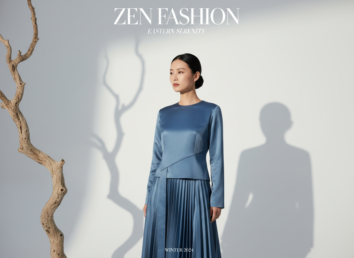 图中展示了一张极简主义风格的时尚海报。画面中心是一位亚洲女性模特，她梳着整齐的低盘发，神情清冷淡然。她身着一套灰蓝色的绸面套装，上衣为长袖修身剪裁，下身是垂感十足的百褶长裙，整体散发出一种东方禅意的宁静美。背景是纯净的浅灰色墙面，左侧立着一株枯木，其蜿蜒的影子投射在墙上，右侧则映着模特本人的剪影。画面上方有白色艺术字“ZEN FASHION”，下方标有“WINTER 2024”。

在 AI 生成细节方面，画面存在明显的逻辑缺陷：首先，右侧墙上的模特影子与人物本体的姿势不符，影子呈现出正面站立的轮廓，而模特本人是侧身站立。其次，左侧枯木的影子在墙上的投射位置与光源方向略显不一致。此外，模特垂下的左手手指线条略显模糊，指缝细节处理不够自然。尽管如此，整张图片在色彩和构图上依然保持了高度的和谐感。