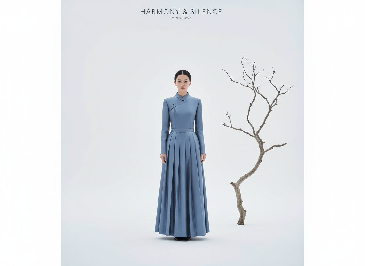 图中展现了一个极简主义风格的室内场景，背景为纯净的浅灰色，营造出一种冷冽而宁静的氛围。画面中心站立着一位神情冷峻的亚洲女性，她留着整洁的黑色中分低马尾，身着一套灰蓝色的中式改良长裙。长裙上半身修身，带有立领和斜襟盘扣设计，下半身则是垂感十足的百褶长裙。在她的右侧，一棵枯瘦的褐色树干从地面延伸而出，枝杈光秃且扭曲，增强了画面的禅意与冬日感。画面顶部印有黑色衬线体文字“HARMONY & SILENCE”。在 AI 生成的细节方面，存在明显的透视和逻辑缺陷：女性的双脚几乎消失在裙摆下方，且与地面的接触点显得模糊不自然；右侧的枯树根部直接切断在地面上，缺乏真实的生长衔接感；此外，女性左侧（画面右侧）的手部线条略显僵硬，手指轮廓不够清晰，呈现出 AI 生成人像时常见的精细度不足问题。