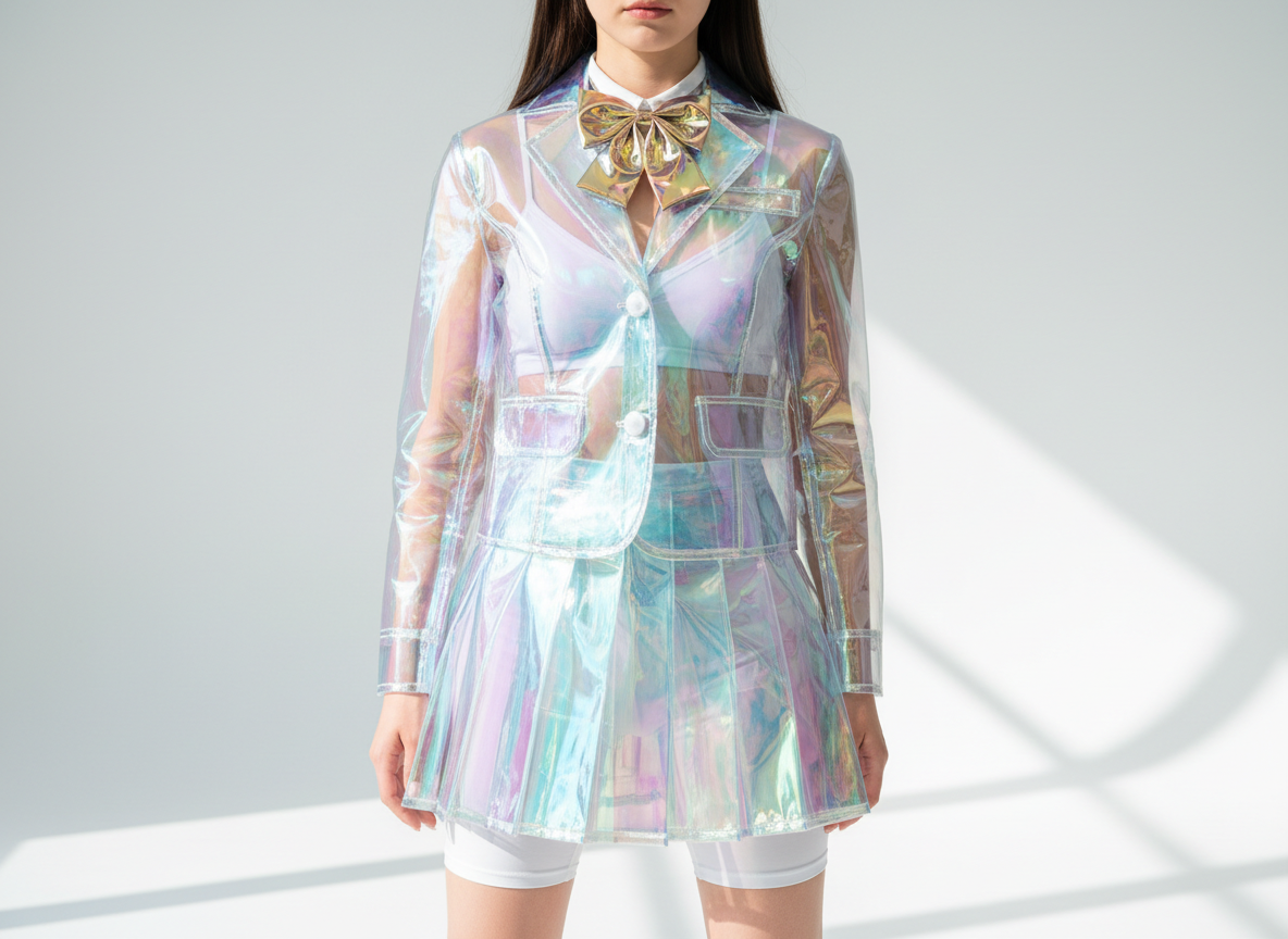 图中展示了一位女性穿着一套极具未来感的全透明镭射材质制服，背景为纯净的白色影棚，阳光从右侧投射下清晰的窗格阴影。这套服装包括一件透明西装外套和一条百褶裙，材质呈现出如肥皂泡般绚丽的虹彩光泽，交织着淡紫、浅蓝和金色的反光。模特内搭白色运动内衣和紧身短裤，领口处系着一个巨大的金色金属质感蝴蝶结。构图为正面中景，重点突出了服装的质感与光影效果。

在 AI 生成的细节方面，画面存在明显的逻辑缺陷：首先，模特右侧（画面左侧）的手臂末端直接消失在袖口中，没有画出手掌；其次，西装外套的扣子与扣眼位置不对称，且左侧口袋的线条与身体结构衔接生硬；最后，蝴蝶结的金属褶皱显得过于凌乱，缺乏真实的物理垂坠感，透明材质在腋下等转折处的重叠阴影也略显浑浊。