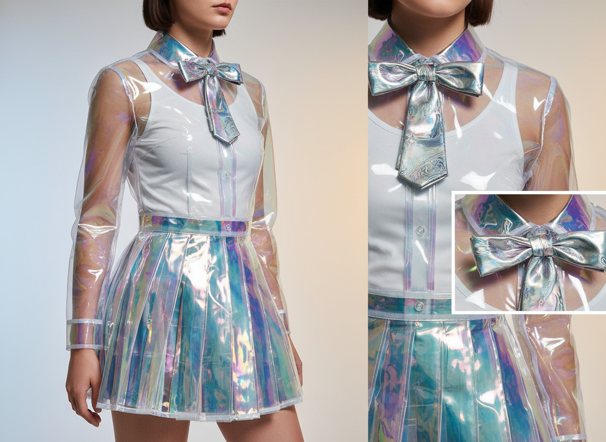 图中展示了一位女性穿着极具未来感的全透明镭射材质套装。这套服装由一件长袖透明衬衫和一条百褶短裙组成，内搭白色背心。材质呈现出迷幻的虹彩色泽，在光线下闪烁着淡紫、青绿和金色的光芒。领口处系有一个巨大的金属质感蝴蝶结，右侧则是服装细节的放大展示。背景简洁，采用了冷暖色调交替的渐变设计。

画面中存在明显的 AI 生成缺陷：首先，模特左侧（画面右下角）的手部结构完全缺失，手臂末端直接消失在裙摆边缘；其次，透明衬衫的纽扣与内搭背心的层次关系混乱，纽扣仿佛悬浮在空中或直接缝在了皮肤感官上；此外，领口蝴蝶结的结构在放大图中显得扭曲且不合逻辑，缺乏真实的物理折痕和缝纫结构。