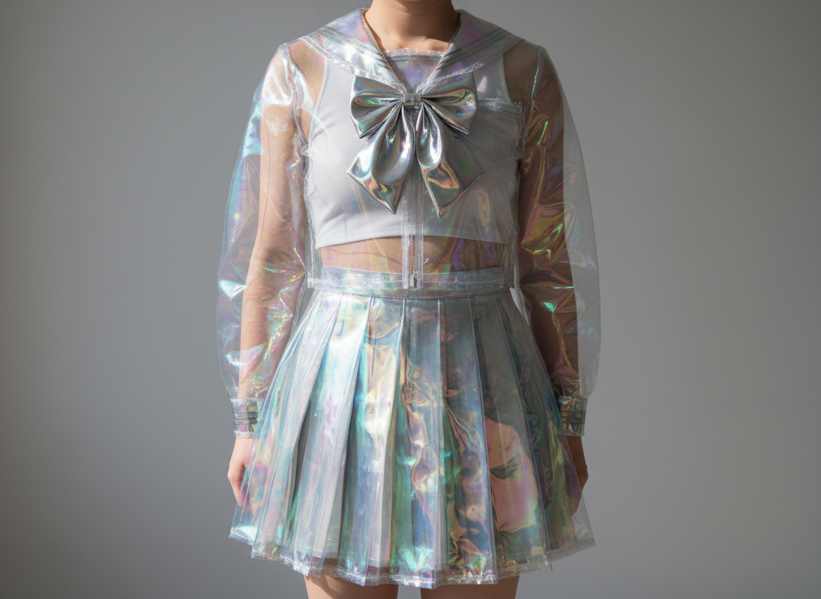 图中展示了一名女性身着一套极具未来感的透明材质水手服，背景为纯净的浅灰色。这套服装由透明且带有全息霓虹光泽的塑料或乙烯基材料制成，在光线下折射出如彩虹般的淡紫色、青色和金色。上衣是一件透明的长袖水手服外套，领口处系着一个巨大的银色金属质感蝴蝶结，内搭一件白色短款背心；下半身是同材质的透明百褶短裙。构图采用正面中景，焦点集中在服装的质感与光影表现上。

画面中存在明显的 AI 生成缺陷：首先是人物的手部处理异常，双臂自然下垂时，手掌部分似乎与大腿或裙摆边缘融合在了一起，缺乏清晰的手指轮廓；其次，衣服上的拉链和接缝处细节模糊，缺乏真实的物理结构感；此外，透明材质在人物腹部产生的折射阴影显得有些杂乱，不符合真实的透视逻辑。